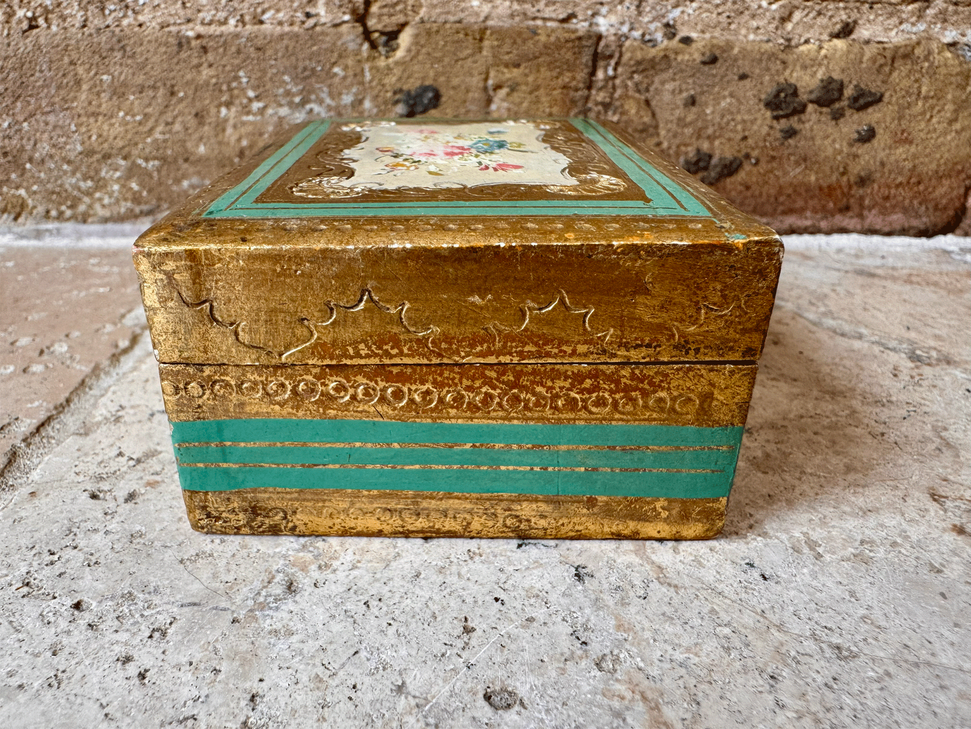 rare antique italian hand painted florentine box trinkets jewellery floral gold gilt gilded green
