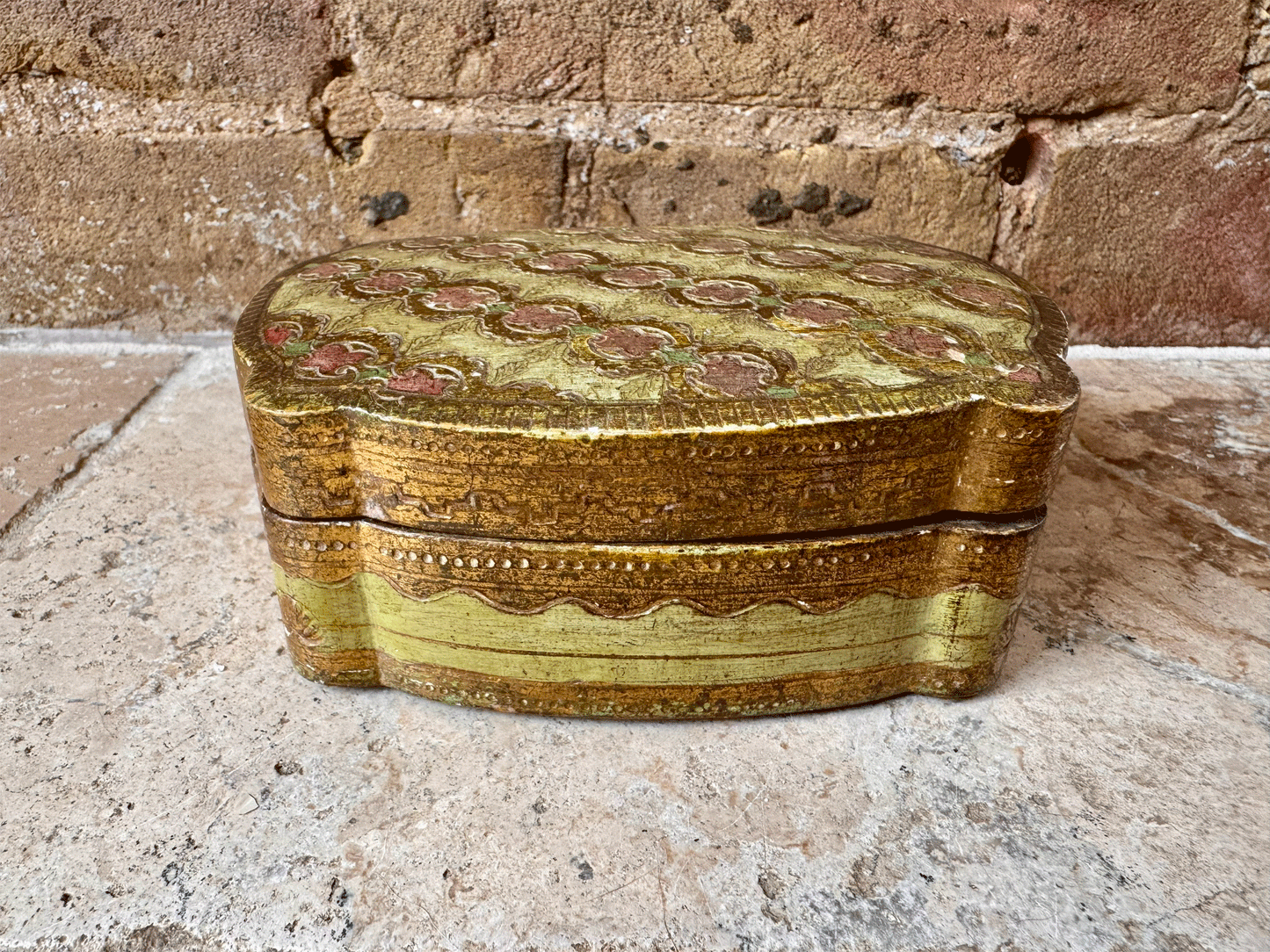 antique italian gilded florentine box jewellery trinkets green rose pink