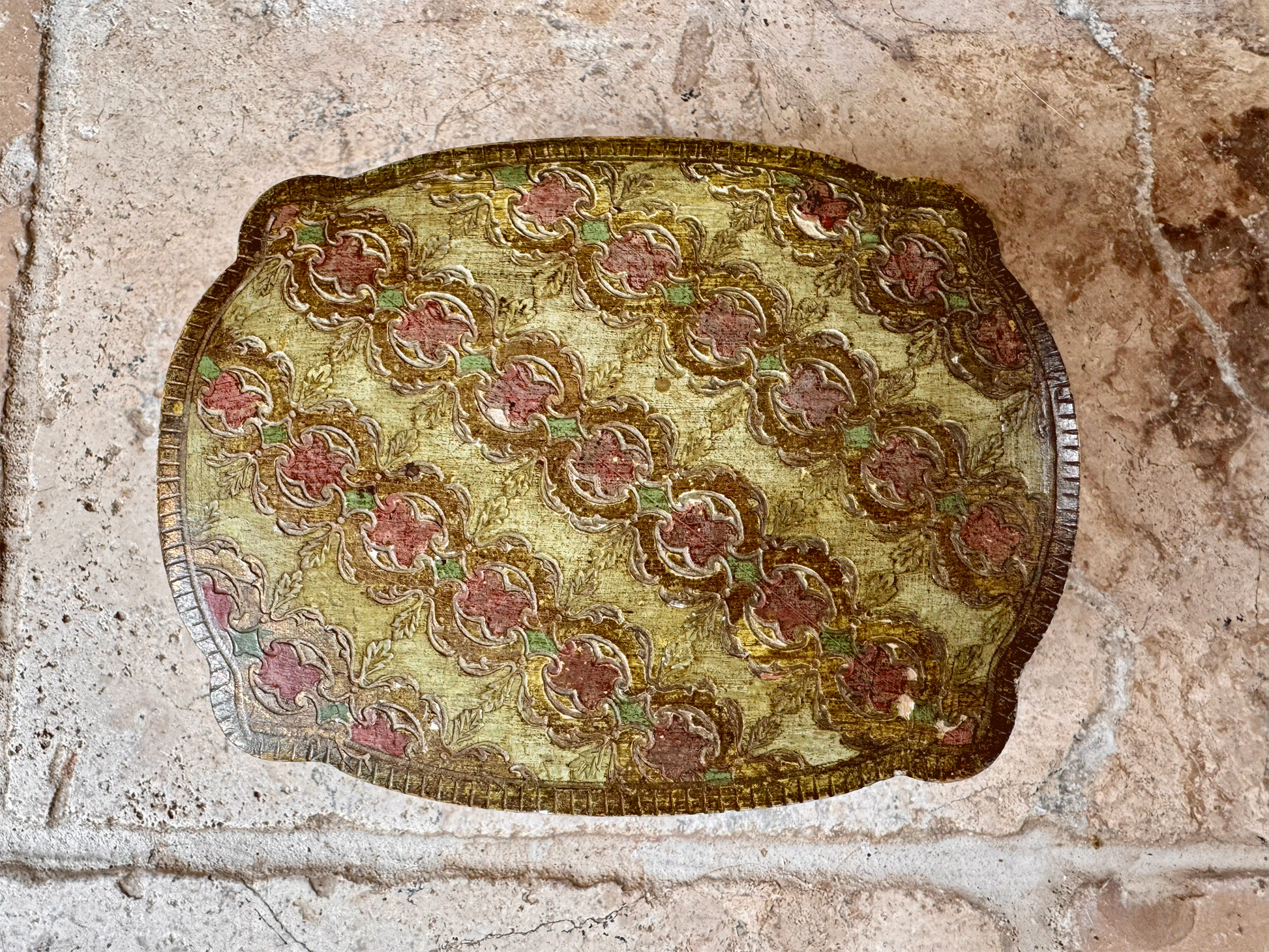 antique italian gilded florentine box jewellery trinkets green rose pink