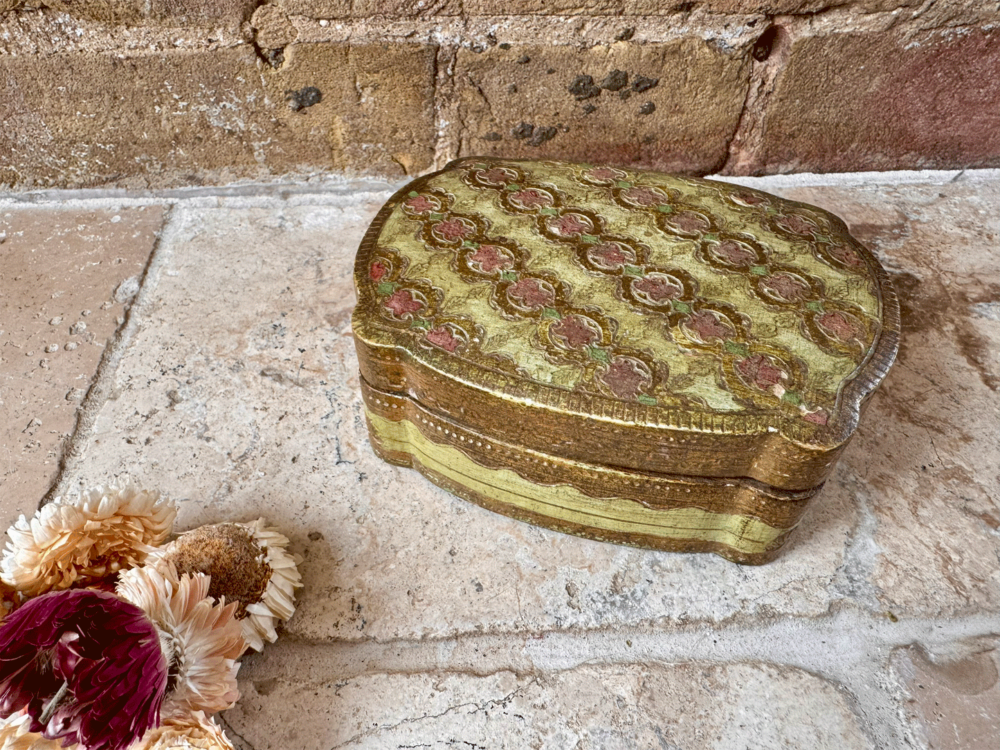 antique italian gilded florentine box jewellery trinkets green rose pink