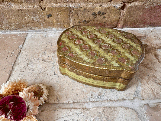 antique italian gilded florentine box jewellery trinkets green rose pink