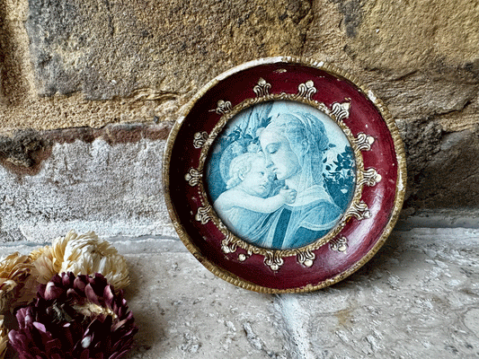 antique florentine italian madonna child christian relgious vintage pcture red gold frame