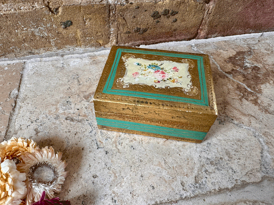 rare antique italian hand painted florentine box trinkets jewellery floral gold gilt gilded green