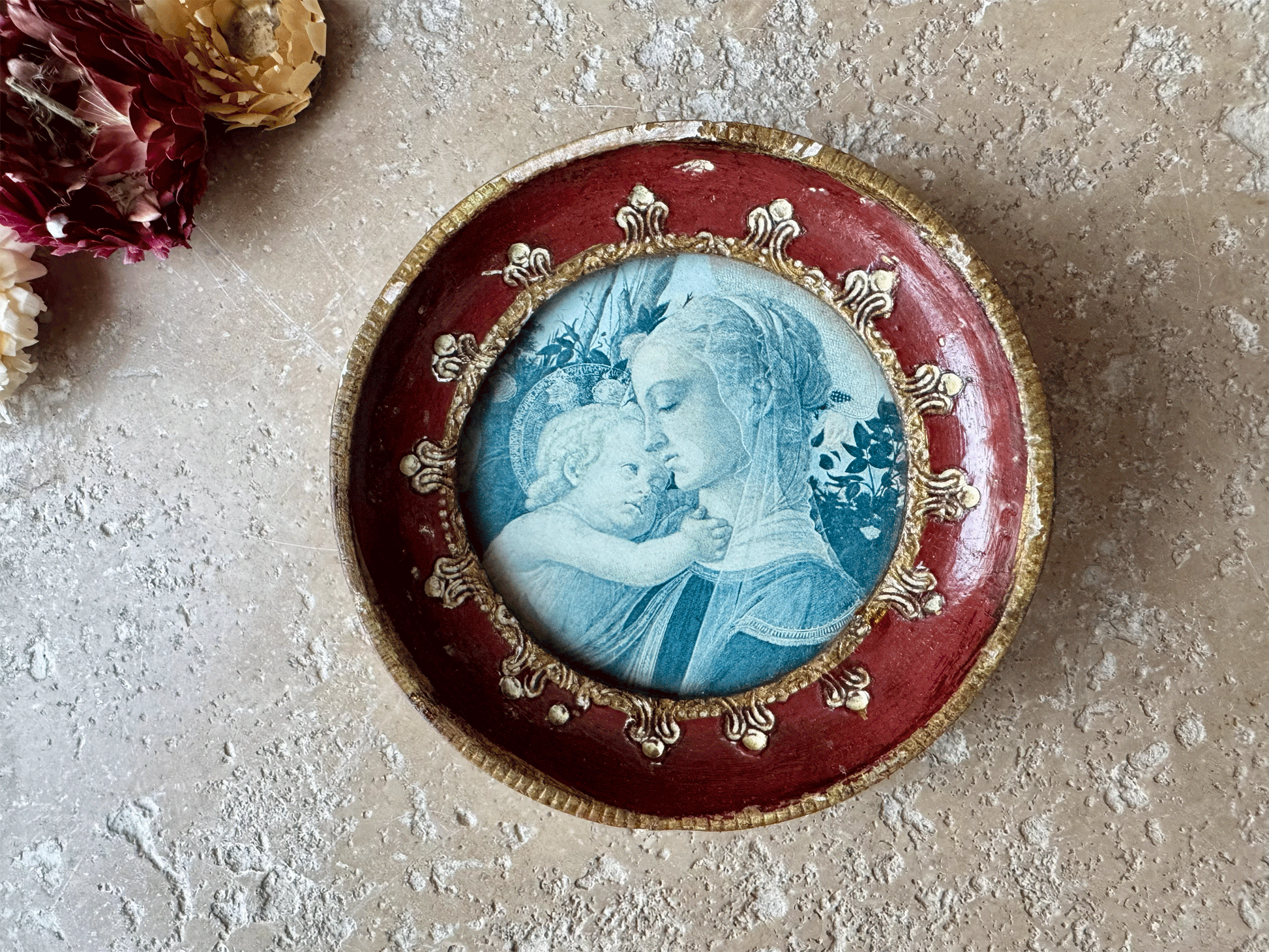 antique florentine italian madonna child christian relgious vintage pcture red gold frame