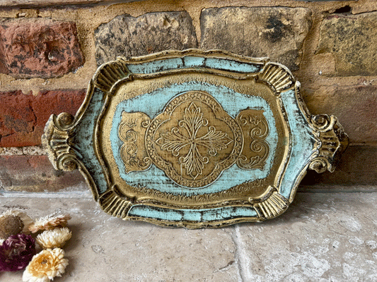 small antique vintage italian florentine tray gold turquoise blue green