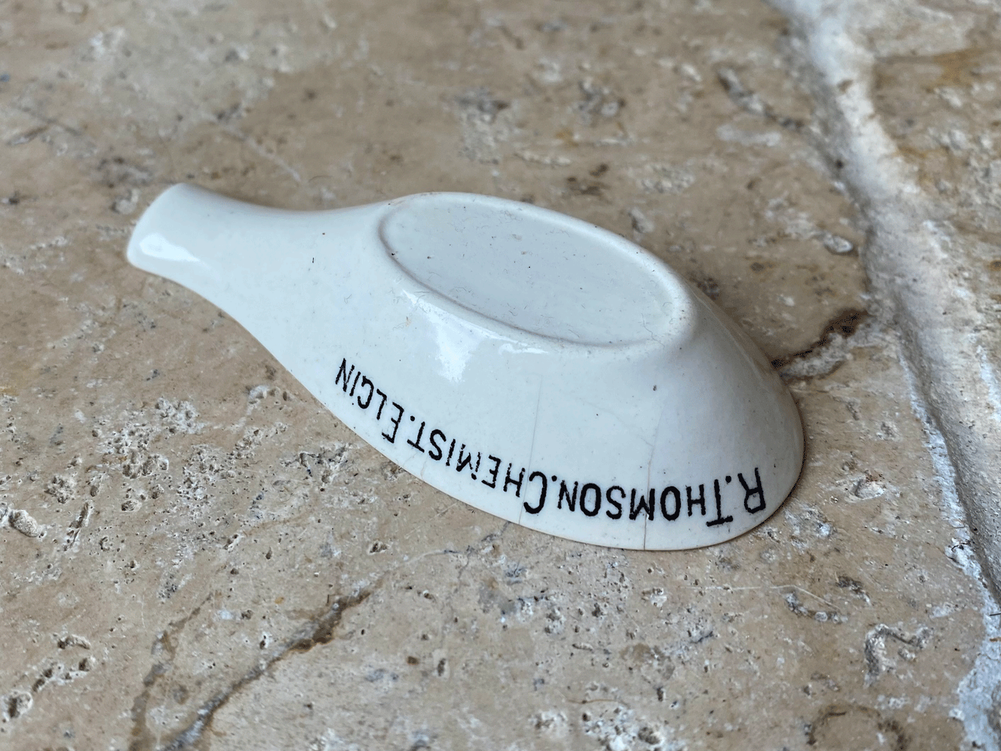 rare antique edwardian white ironstone medicing measuring spoon advertising cod liver oil cream r thomson chemist elgin