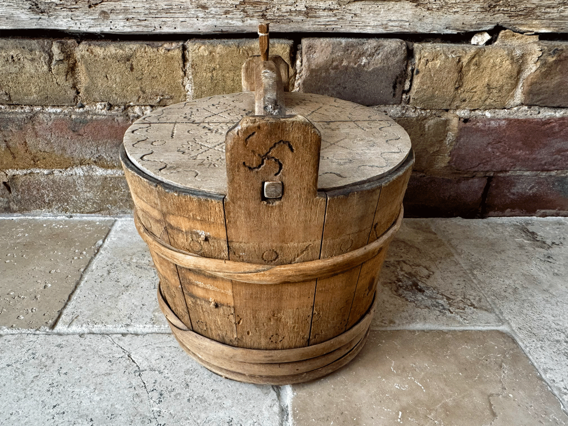 rare antique 19th century swedish folk art treen wooden carved butter box tub geometric design
