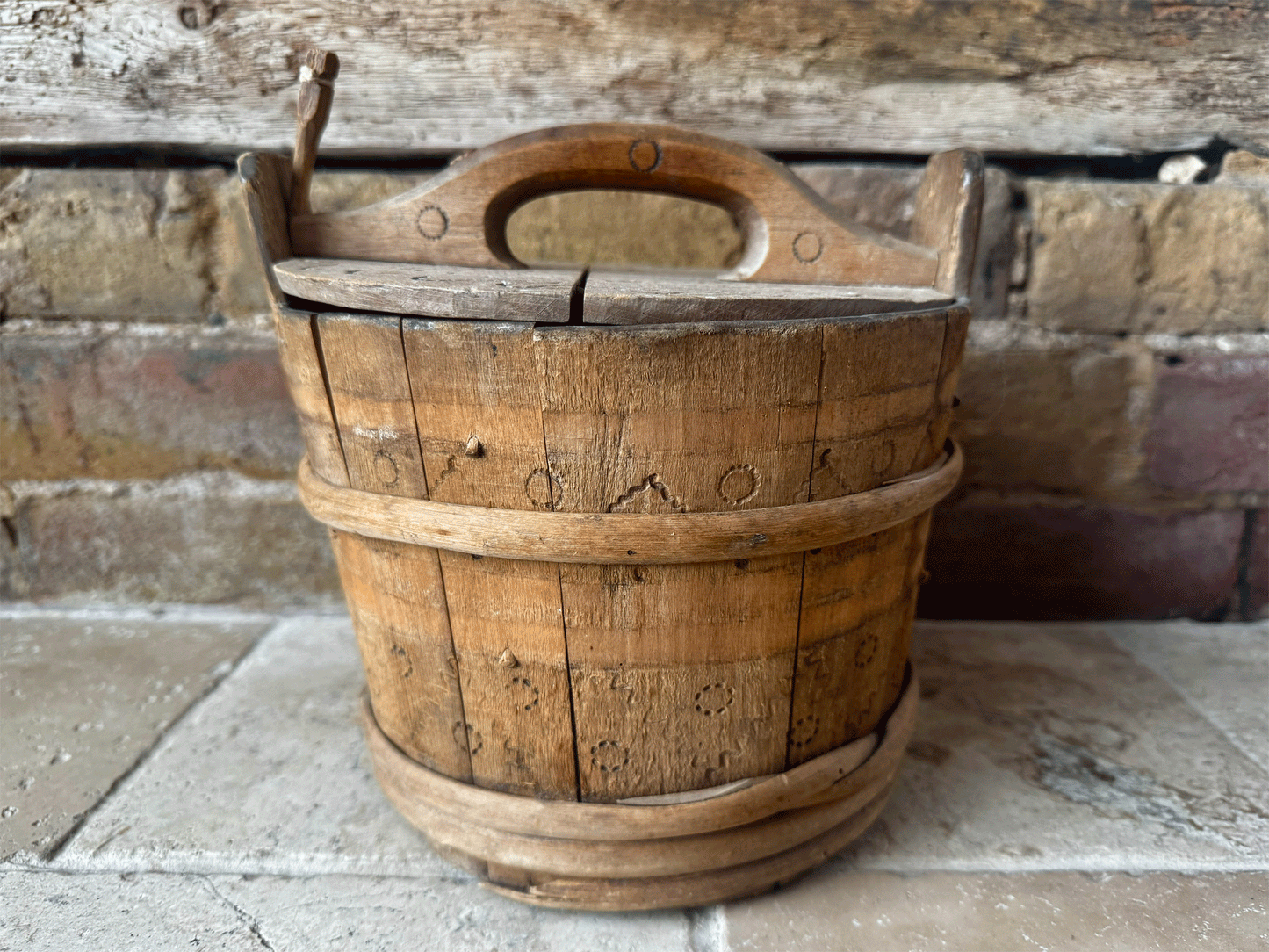 rare antique 19th century swedish folk art treen wooden carved butter box tub geometric design
