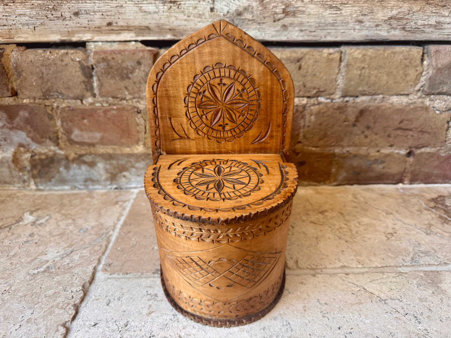 rare antique 19th century carved wooden treen geometric salt box cellar
