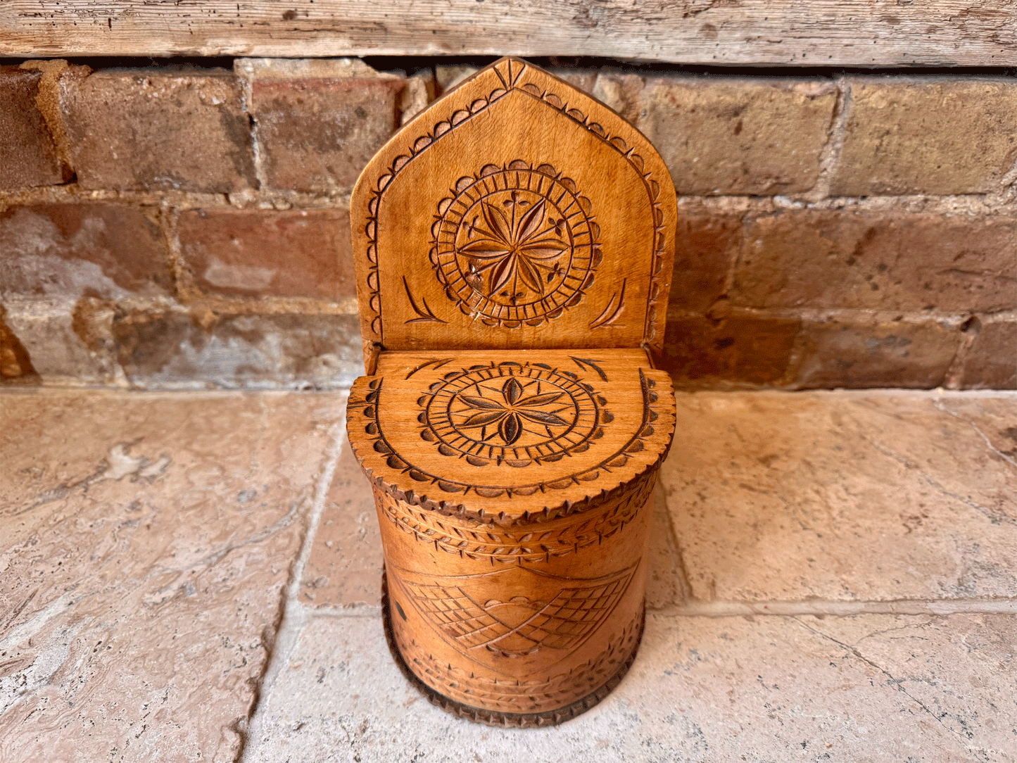 rare antique 19th century carved wooden treen geometric salt box cellar