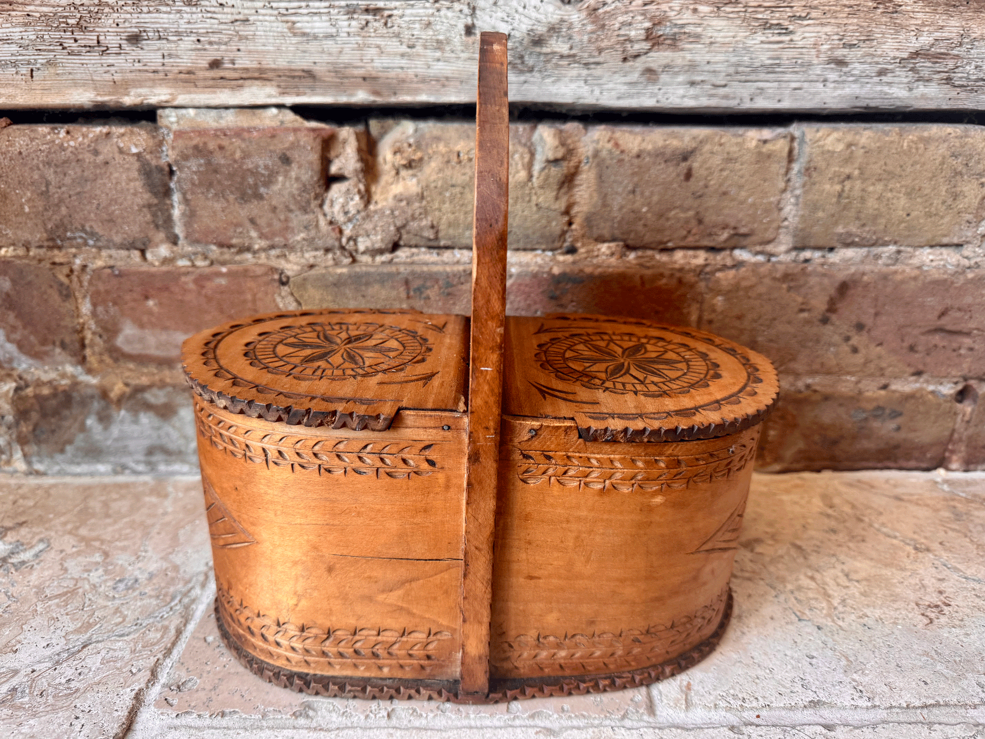 rare antique 19th century carved wooden treen geometric salt box cellar