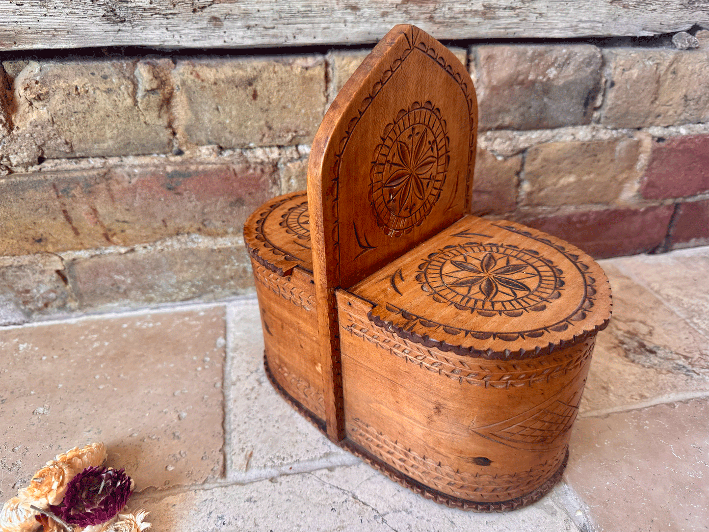 rare antique 19th century carved wooden treen geometric salt box cellar