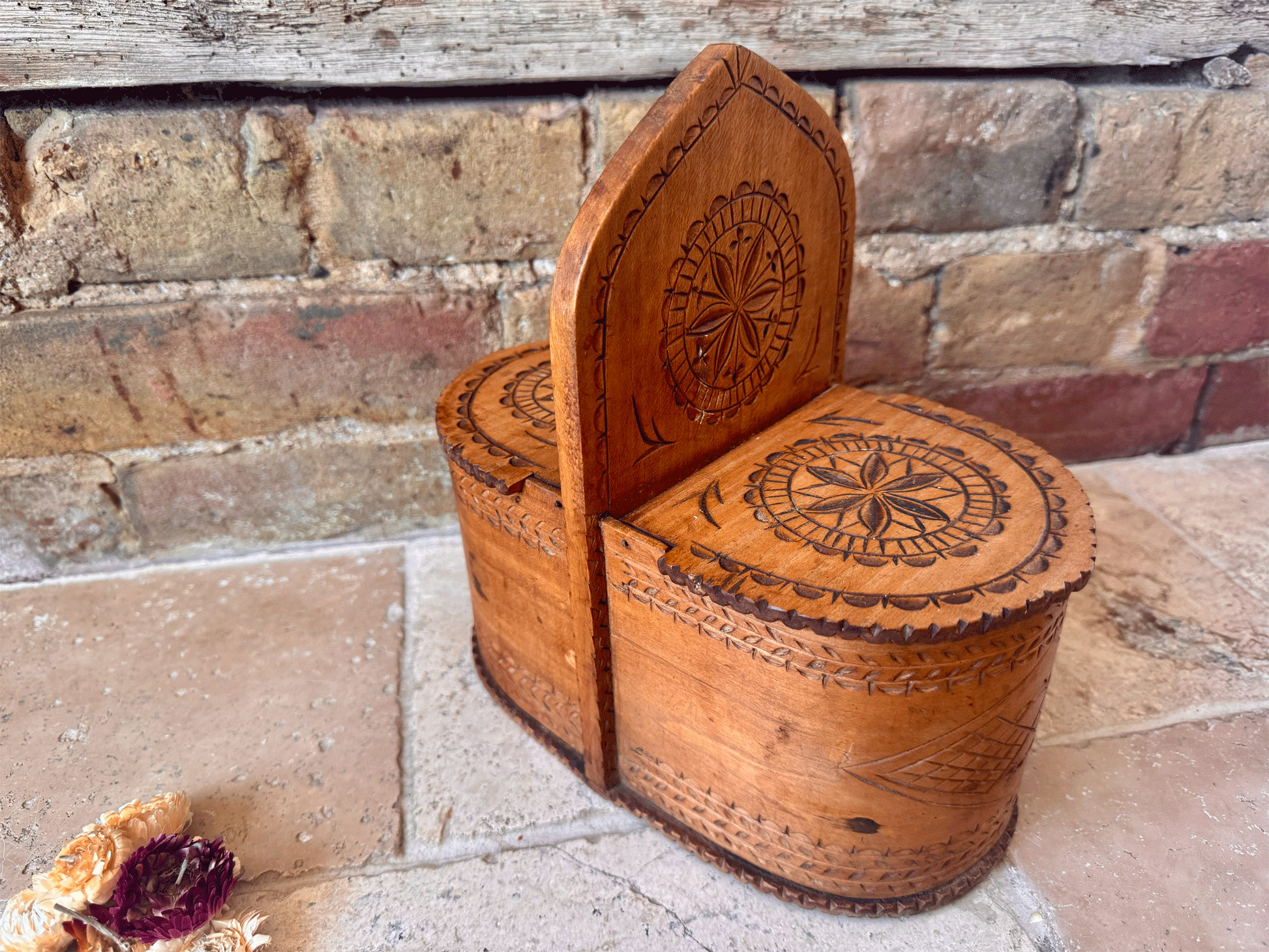 rare antique 19th century carved wooden treen geometric salt box cellar