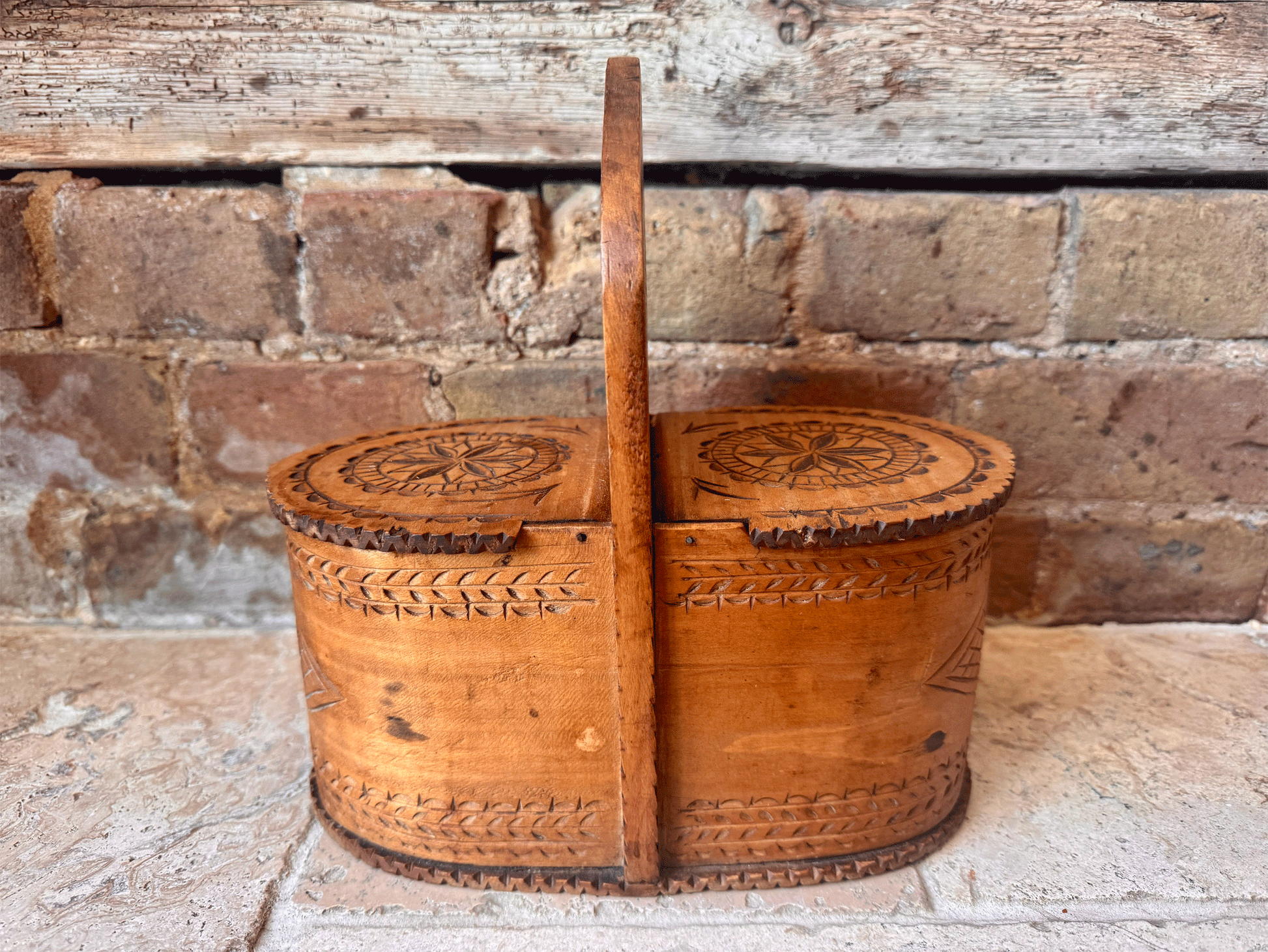 rare antique 19th century carved wooden treen geometric salt box cellar