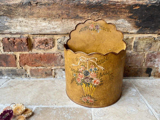 antique early 20th century hand painted toleware tin waste paper basket flowers floral decoration