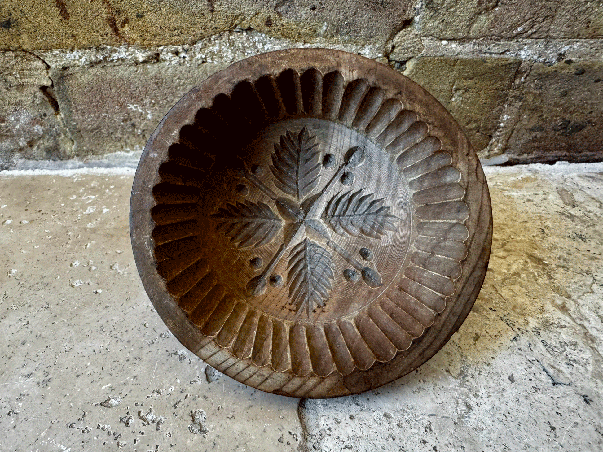 antique victorian carved wooden treen english kitchenalia geometric floral foliage butter flummery mould stamp