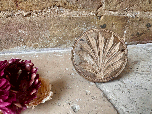 small antique victorian carved treen wooden english butter stamp floral leaf fern foliage botanical design