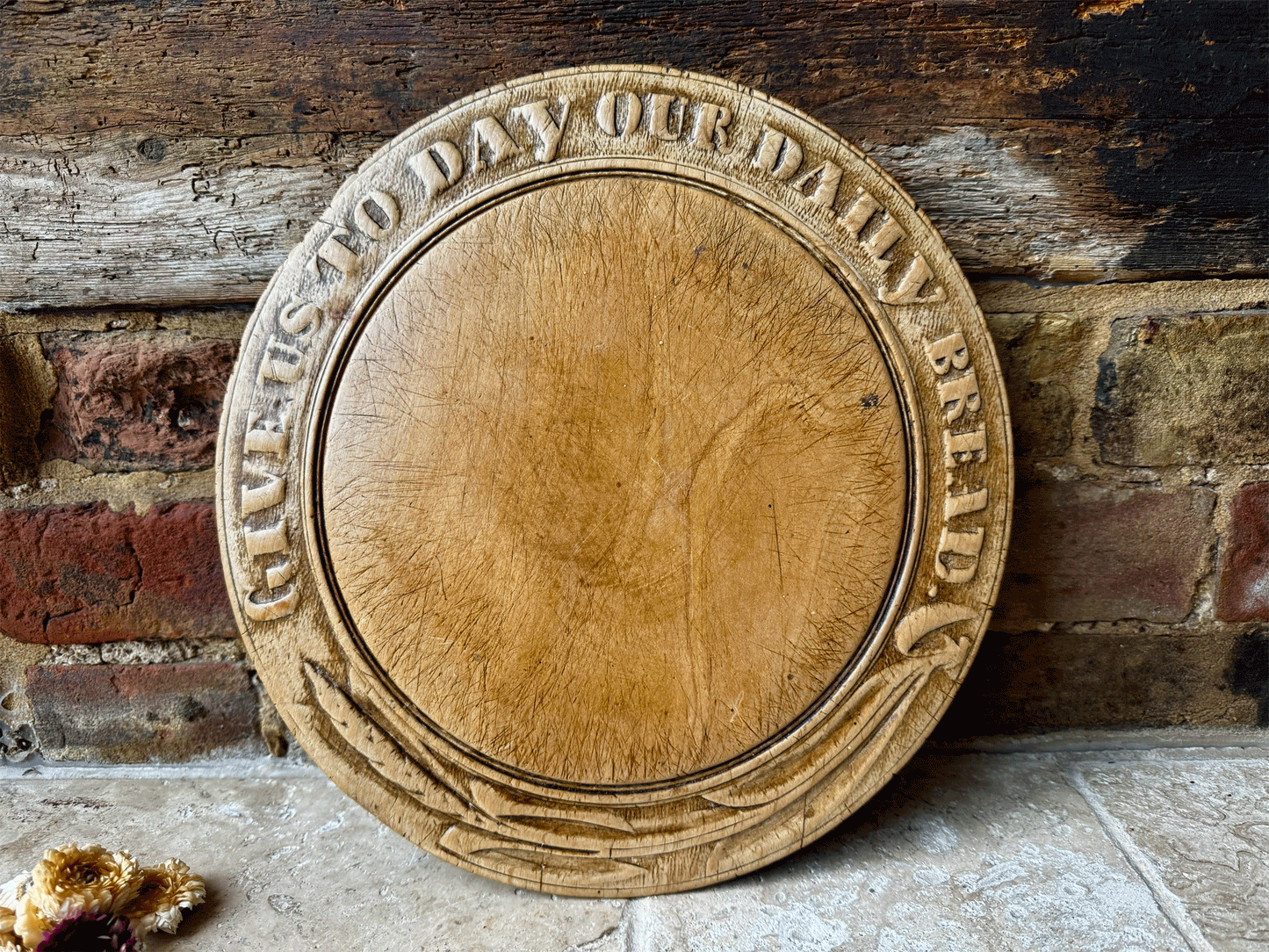 rare antique victorian carved english wooden treen breadboard give us today daily bread motto