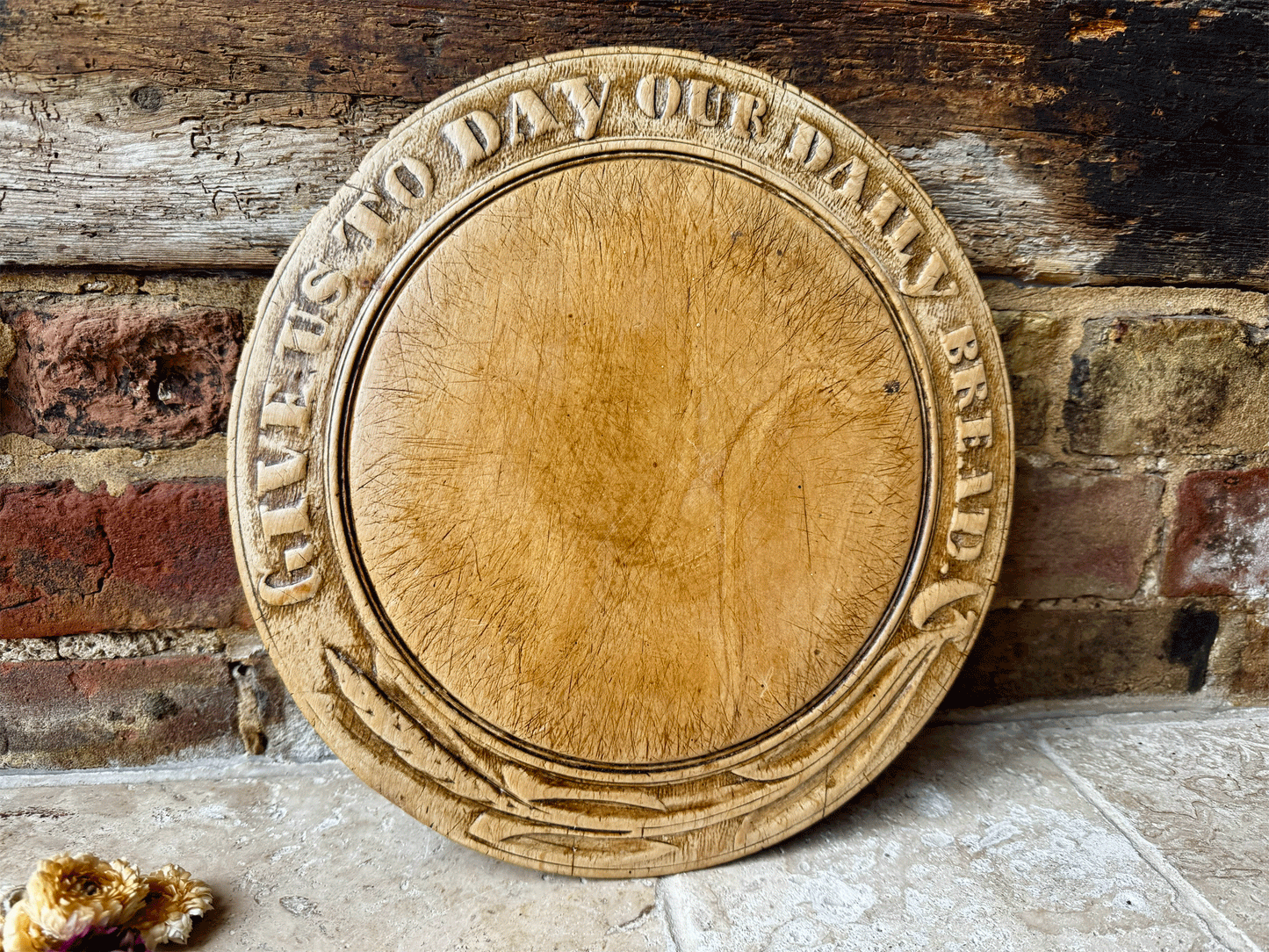 rare antique victorian carved english wooden treen breadboard give us today daily bread motto