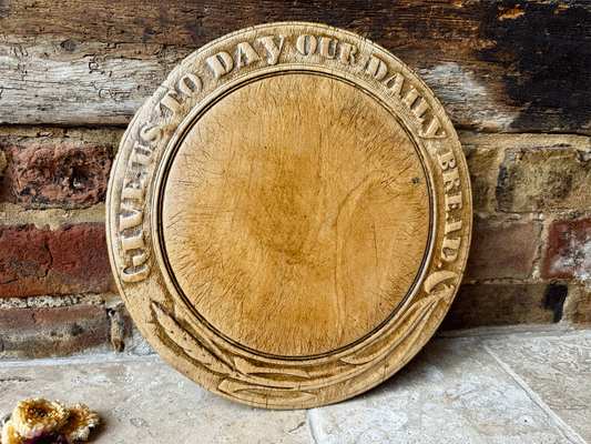 rare antique victorian carved english wooden treen breadboard give us today daily bread motto