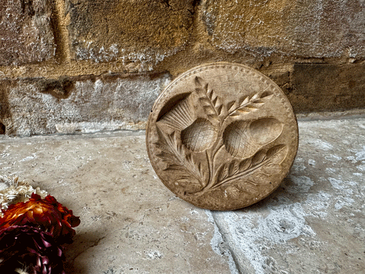 rare antique victorian deeply carved english treen wooden butter stamp scottish thistle acorn oak leaves wedding gift