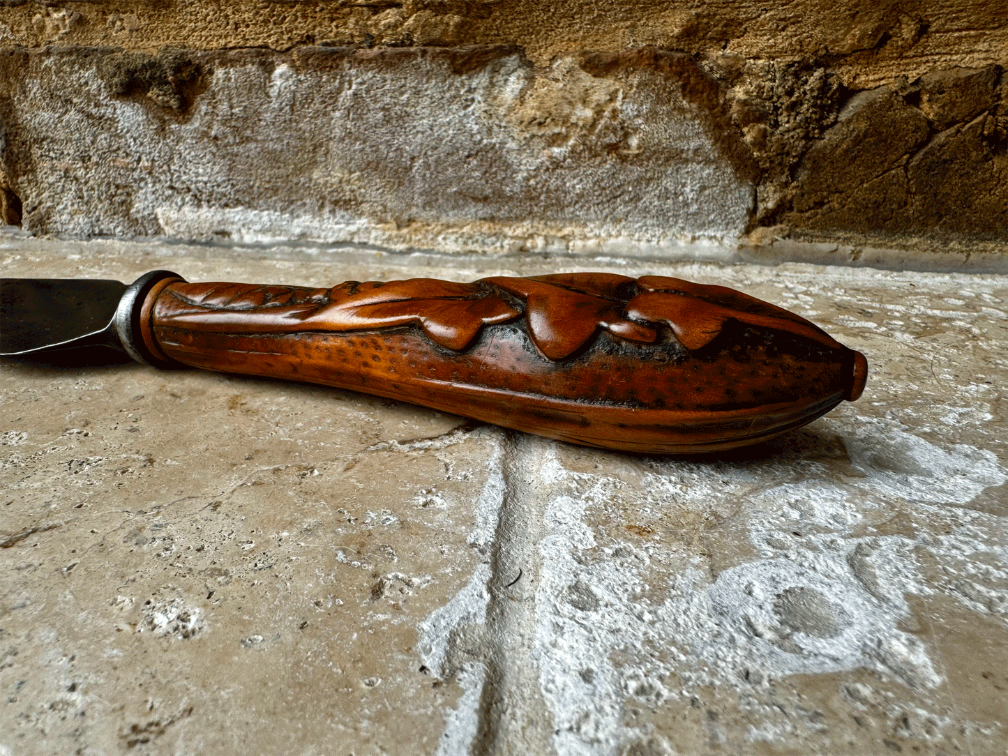 stunning antique deeply carved treen wooden bread knife slicer wheat ivy barley