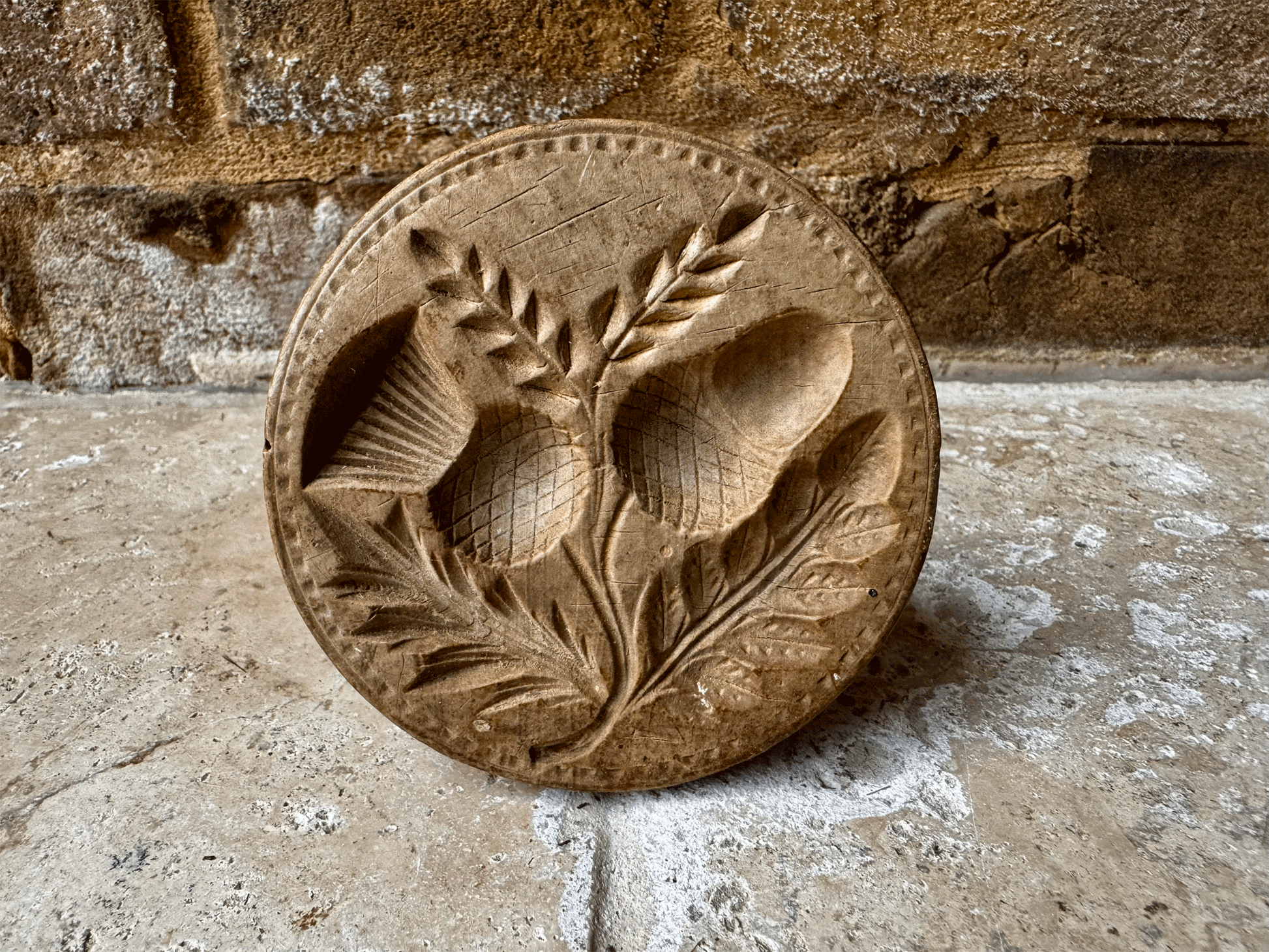 rare antique victorian deeply carved english treen wooden butter stamp scottish thistle acorn oak leaves wedding gift