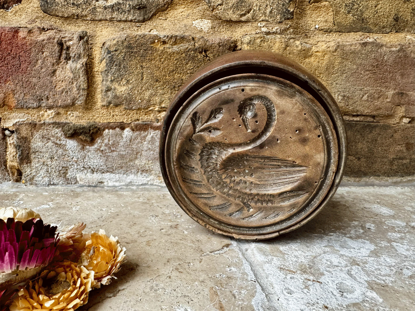 antique victorian extra large carved wooden butter stamp mould swimming swan