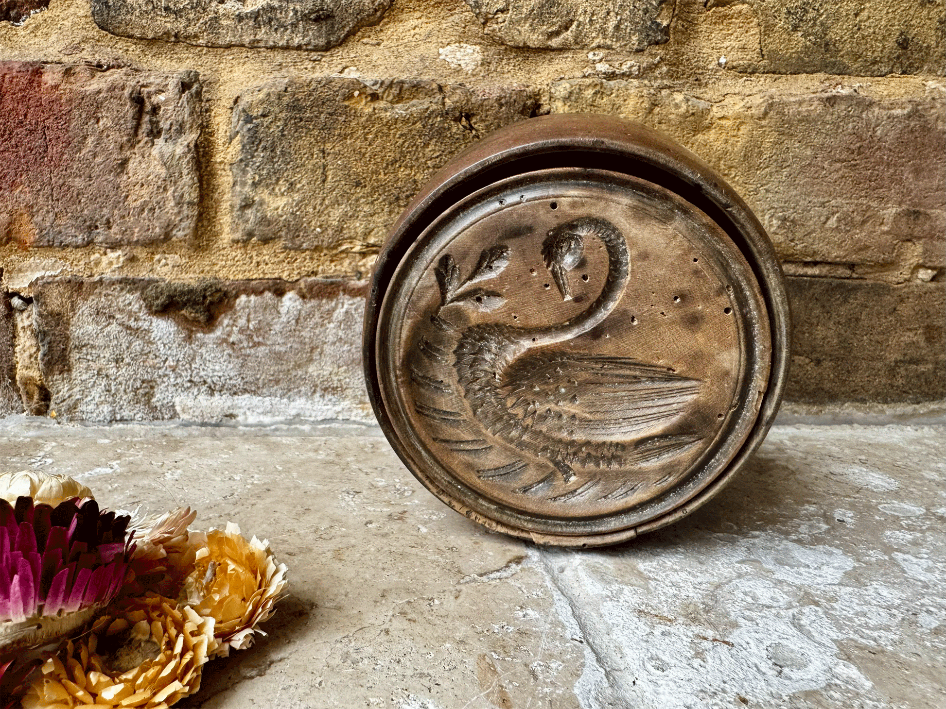 antique victorian extra large carved wooden butter stamp mould swimming swan