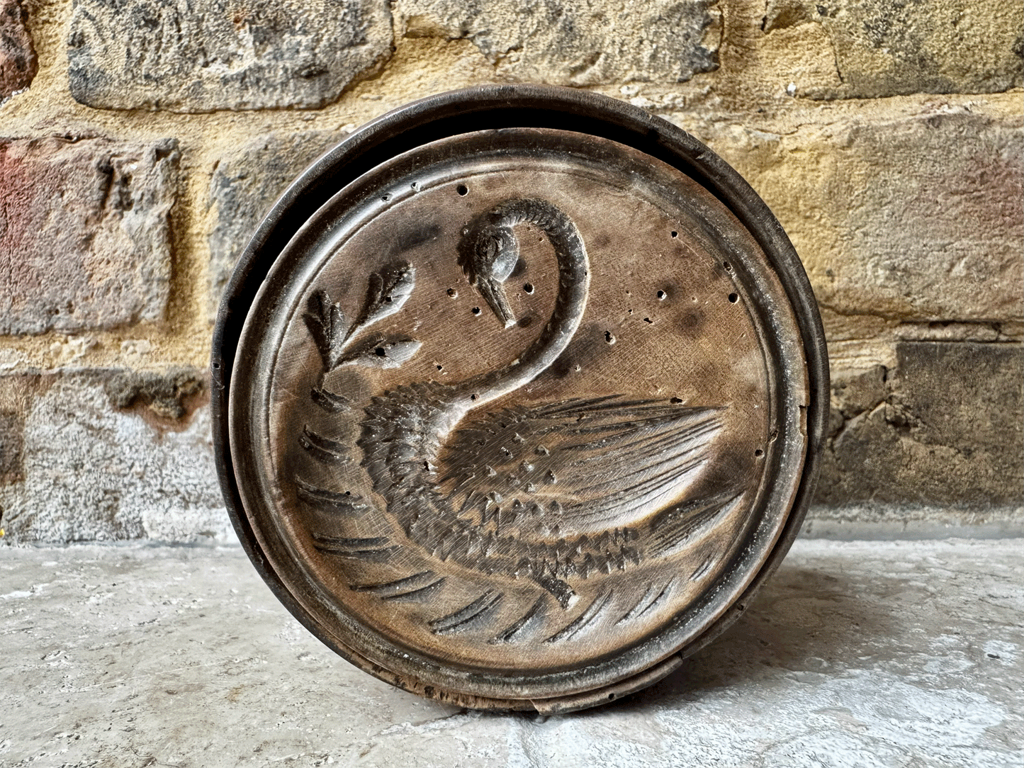 antique victorian extra large carved wooden butter stamp mould swimming swan