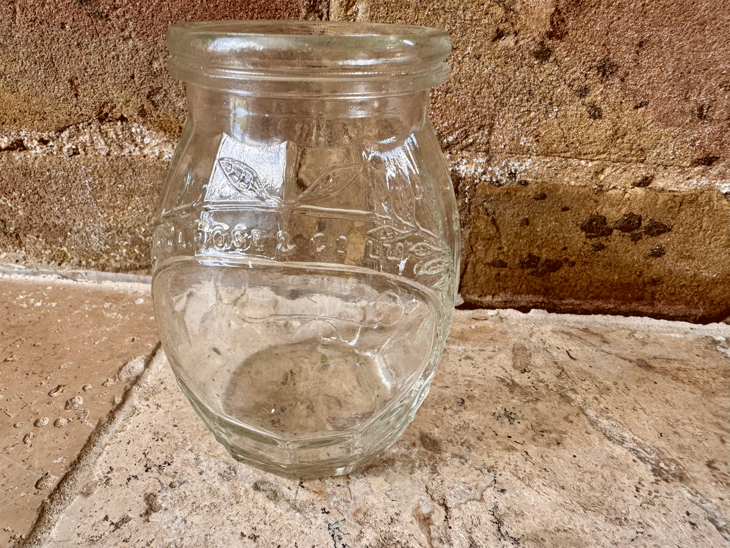 antique victorian glass jar advertising l rose co fruit cordials ribbed embossed floral decoration vintage bud vase