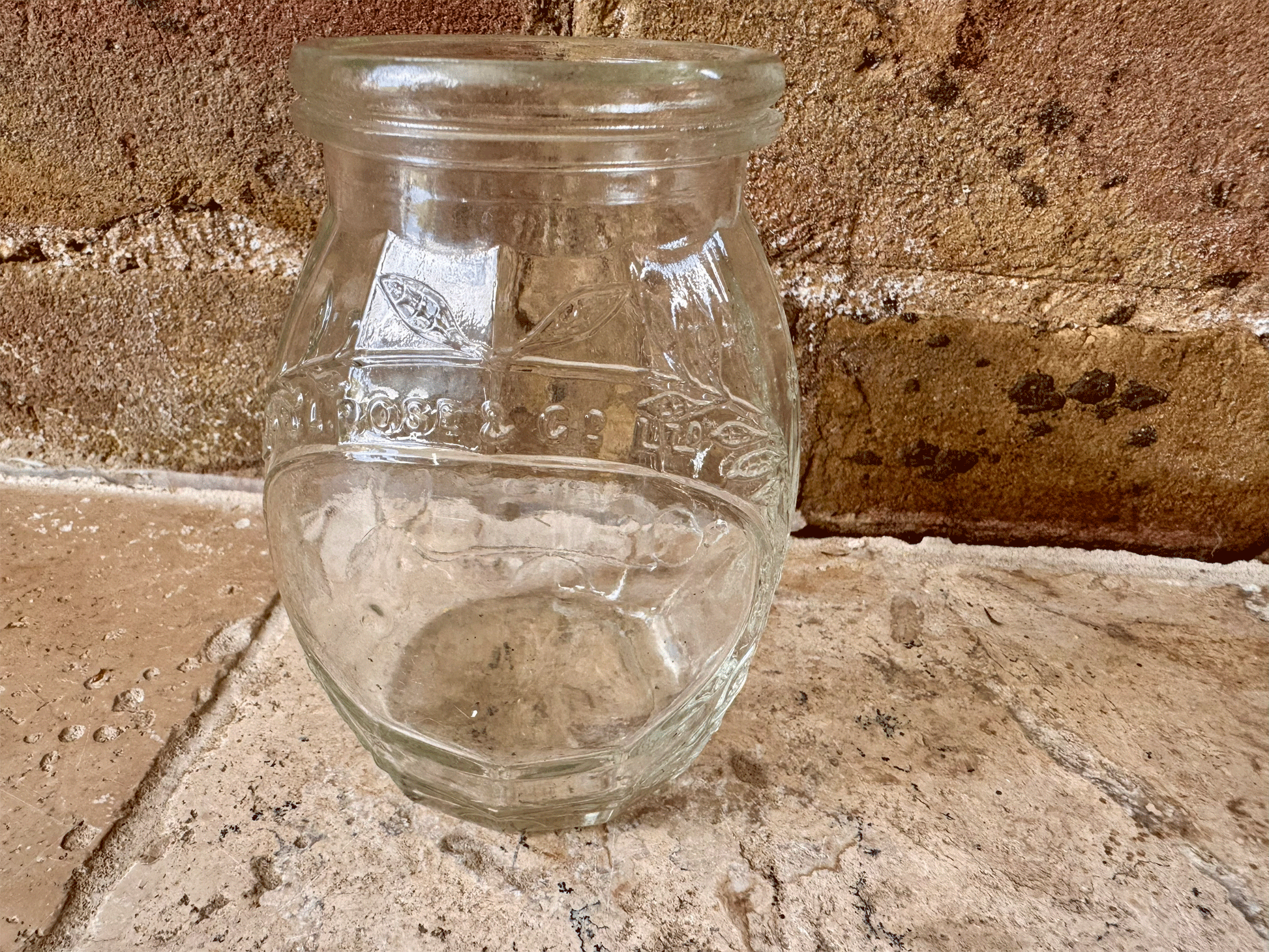 antique victorian glass jar advertising l rose co fruit cordials ribbed embossed floral decoration vintage bud vase