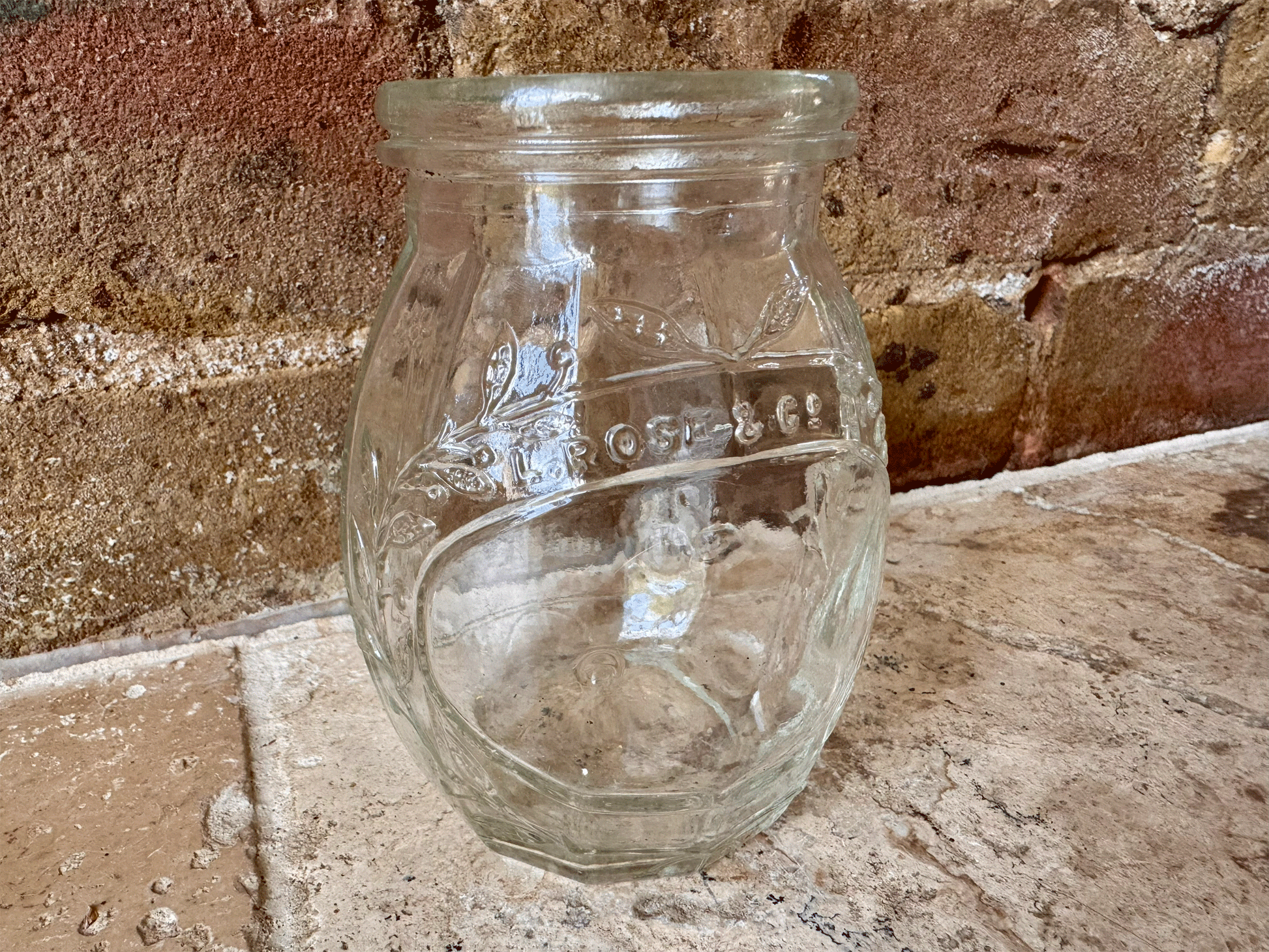 antique victorian glass jar advertising l rose co fruit cordials ribbed embossed floral decoration vintage bud vase