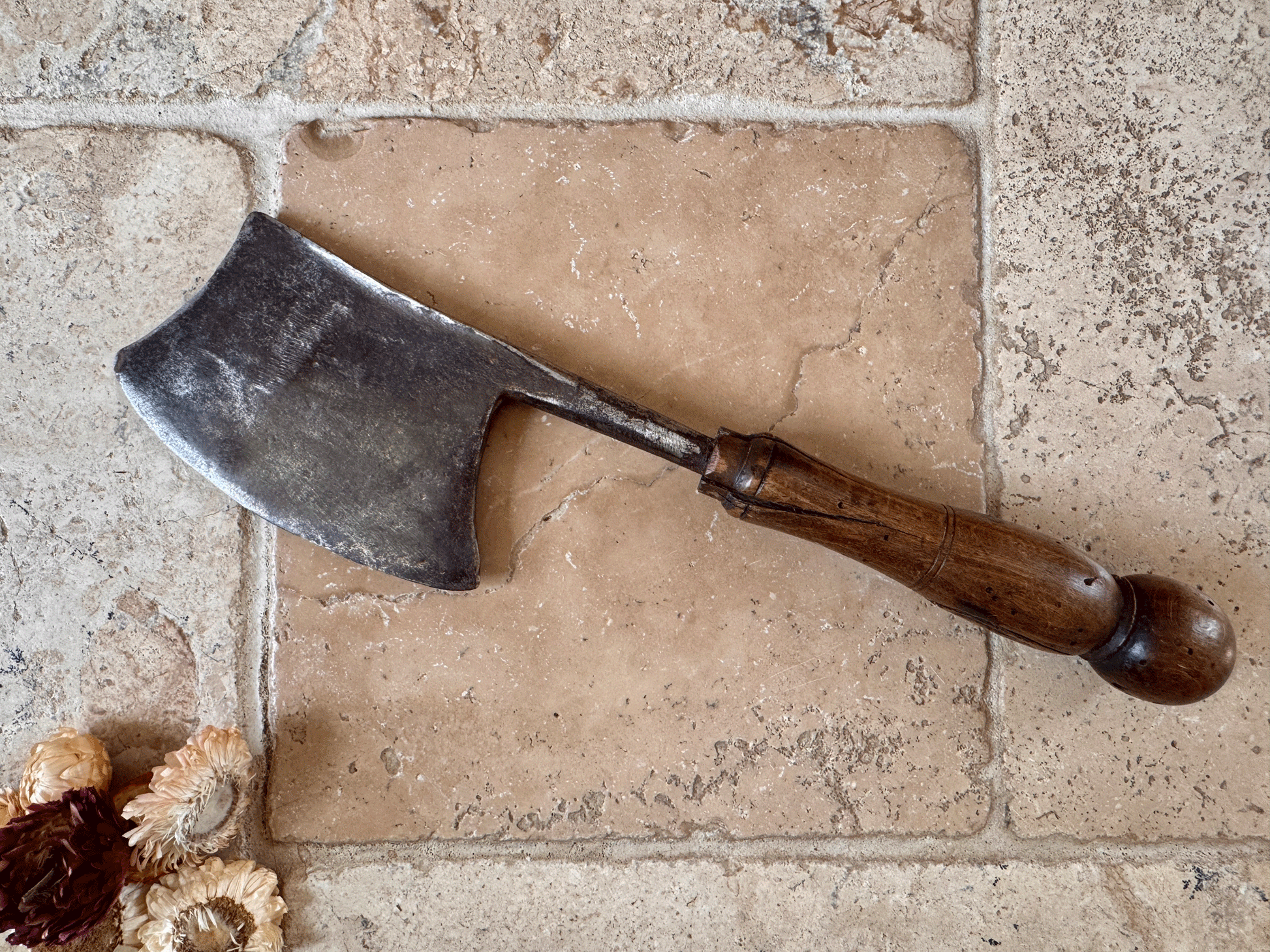 antique victorian steel blade game sugar cleaver herb chopper turned handle 19th century