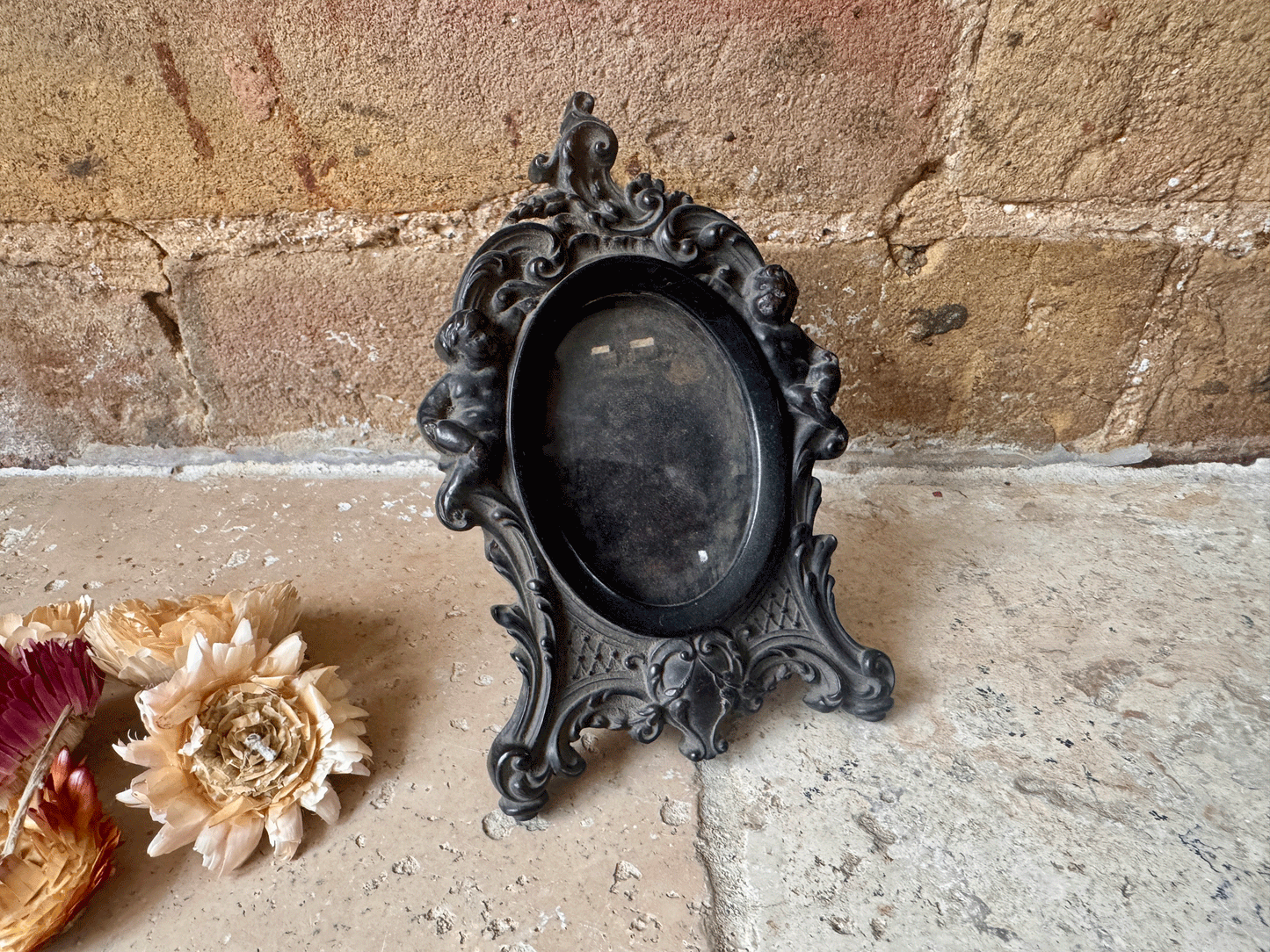 antique victorian black ebony small photo frame carved details scrollwork garlands cornucopia garlands