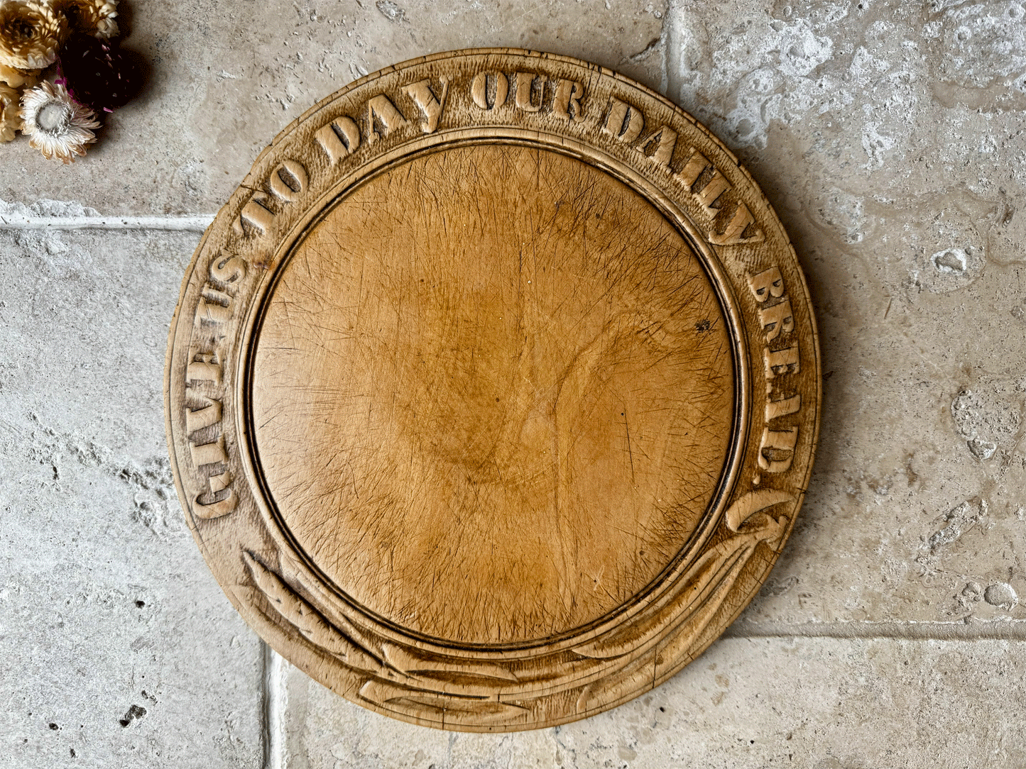 rare antique victorian carved english wooden treen breadboard give us today daily bread motto