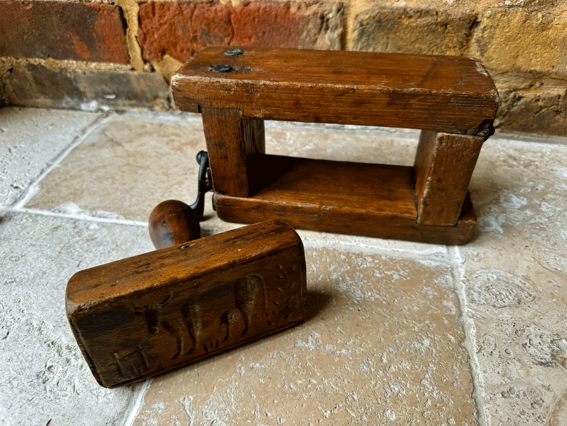 antique victorian primitive rustic carved treen wooden butter brick mould grazing cow