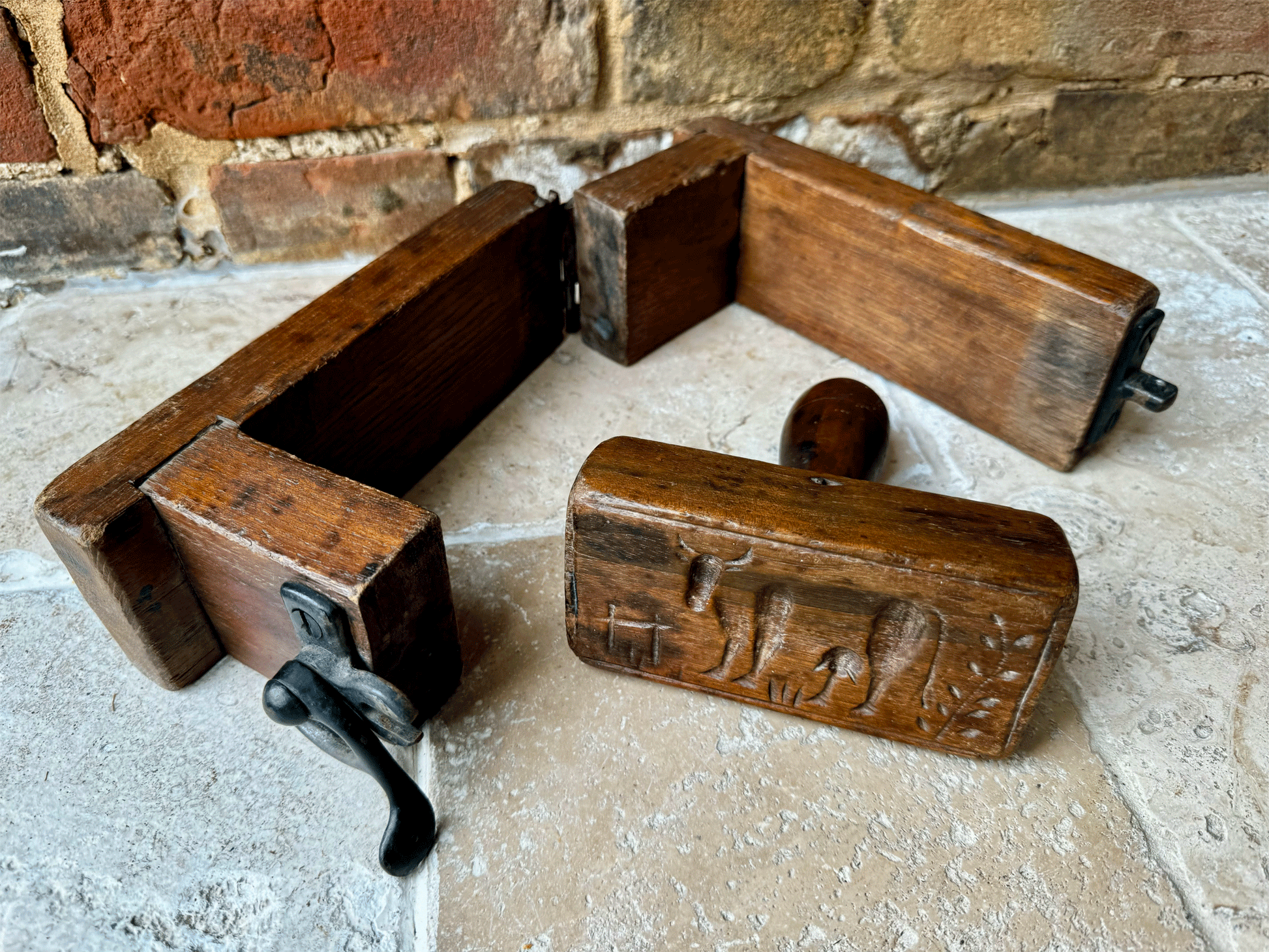 antique victorian primitive rustic carved treen wooden butter brick mould grazing cow