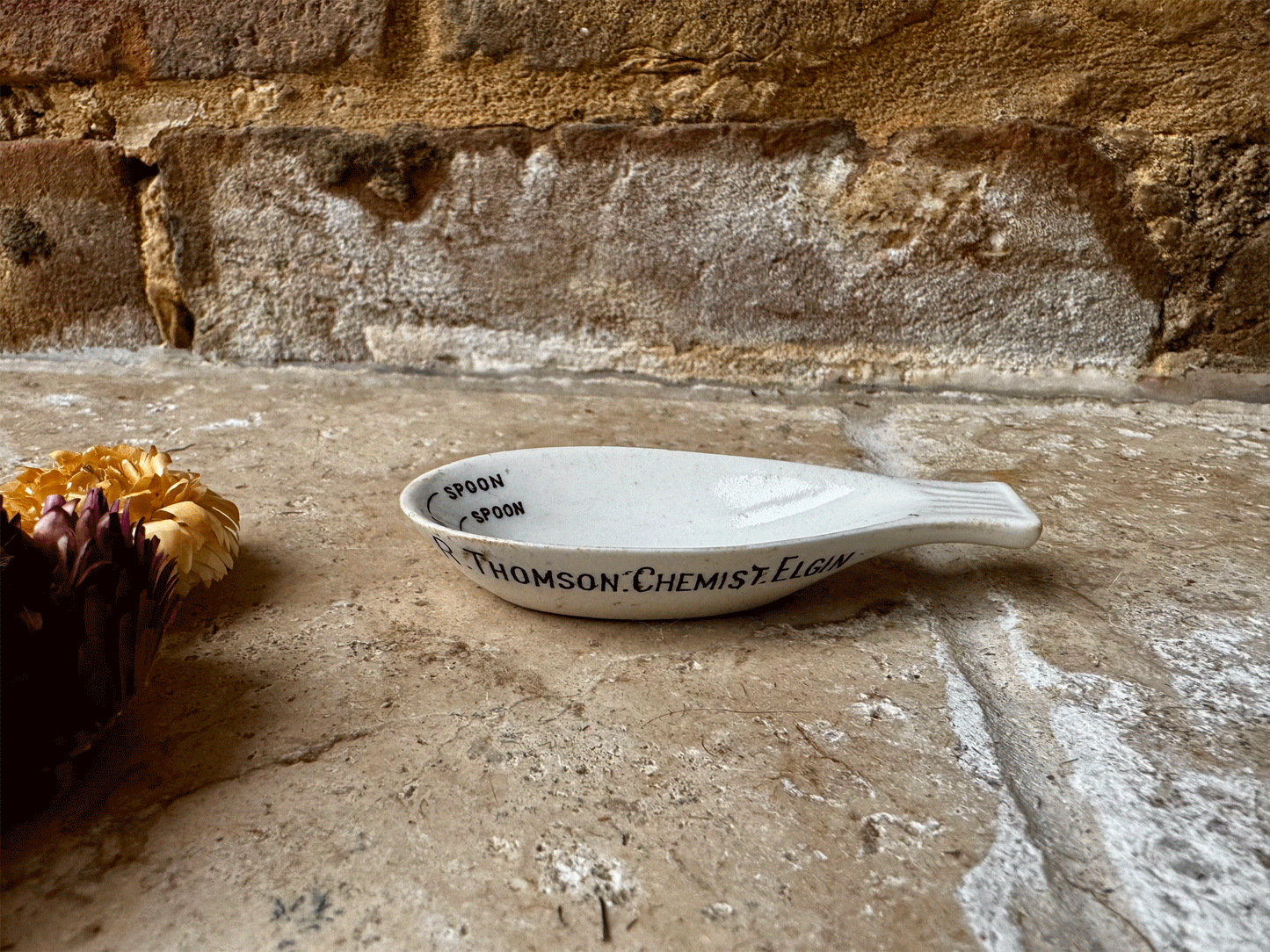 rare antique edwardian white ironstone medicine measuring spoon cod liver oil cream thomson chemist elgin