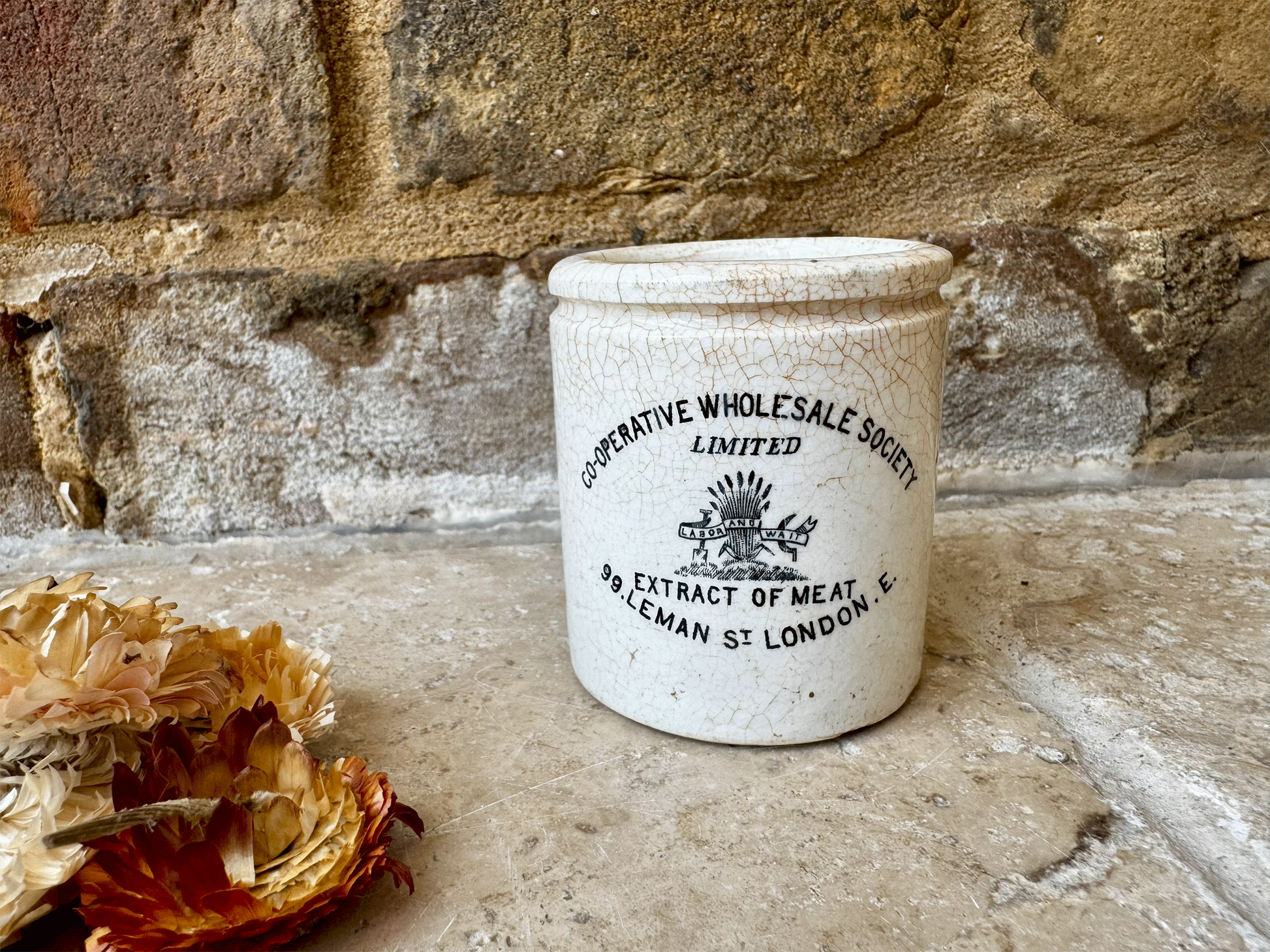 rare antique white ironstone victorian english advertising pot cooperative wholesale society extract meat labor wait pictoral trademark