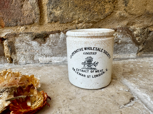 rare antique white ironstone victorian english advertising pot cooperative wholesale society extract meat labor wait pictoral trademark