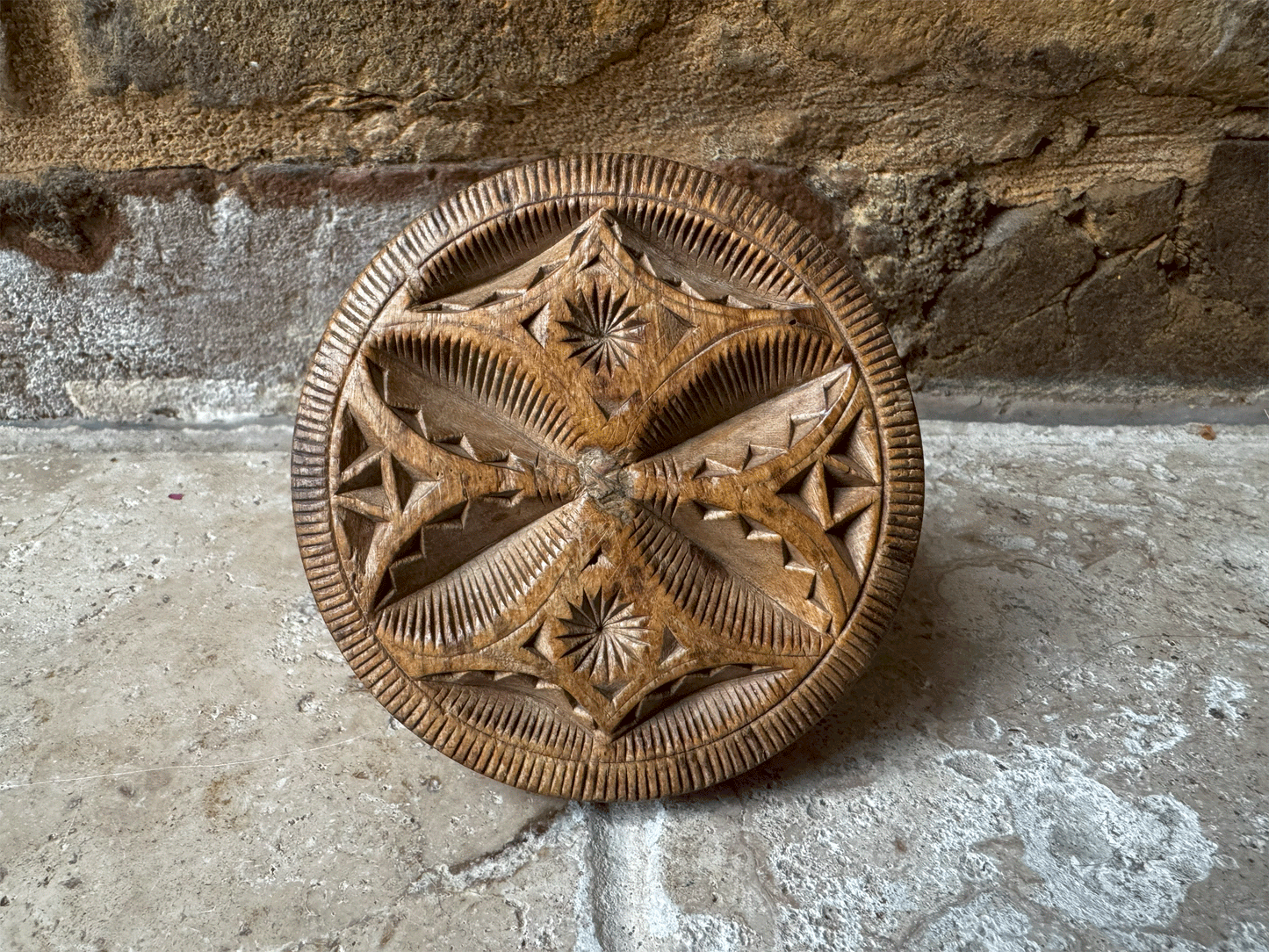 Rare Antique Victorian Carved Butter Stamp with Geometric Pattern