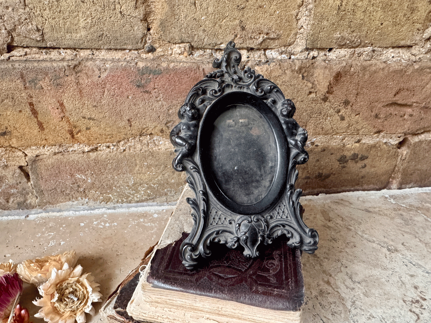 antique victorian black ebony small photo frame carved details scrollwork garlands cornucopia garlands