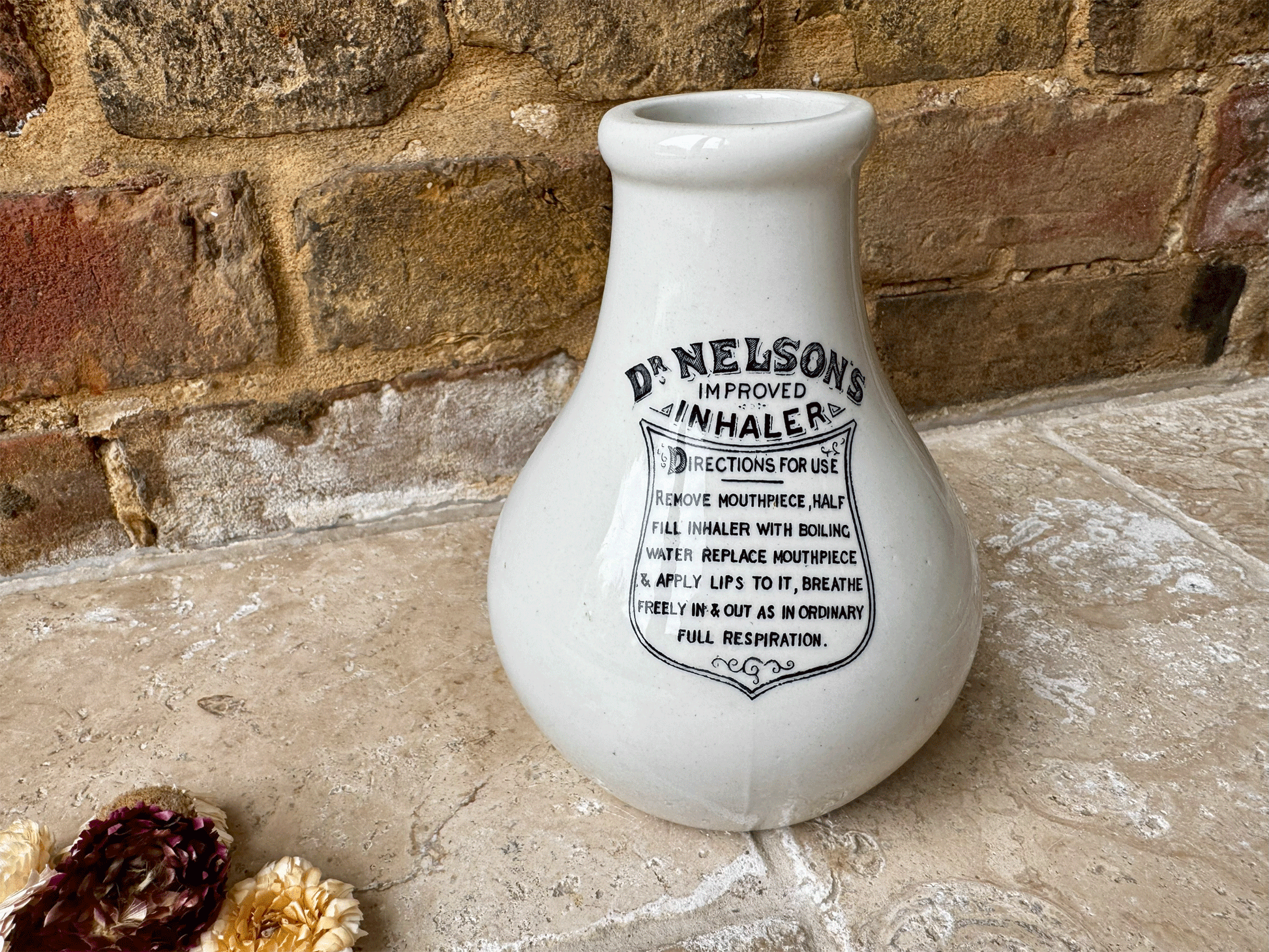 large antique victorian dr nelson improved inhaler white ironstone black typography