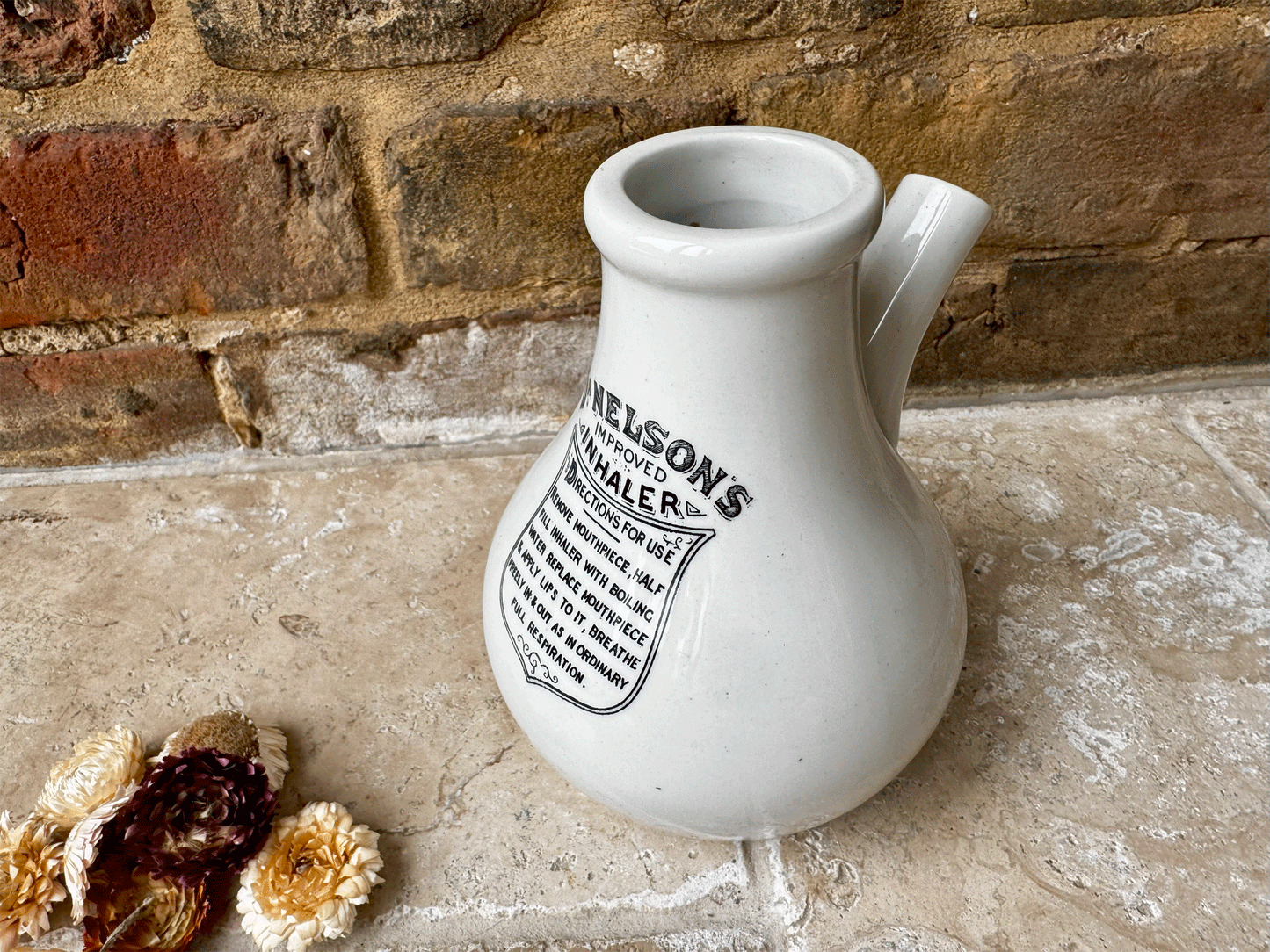 large antique victorian dr nelson improved inhaler white ironstone black typography