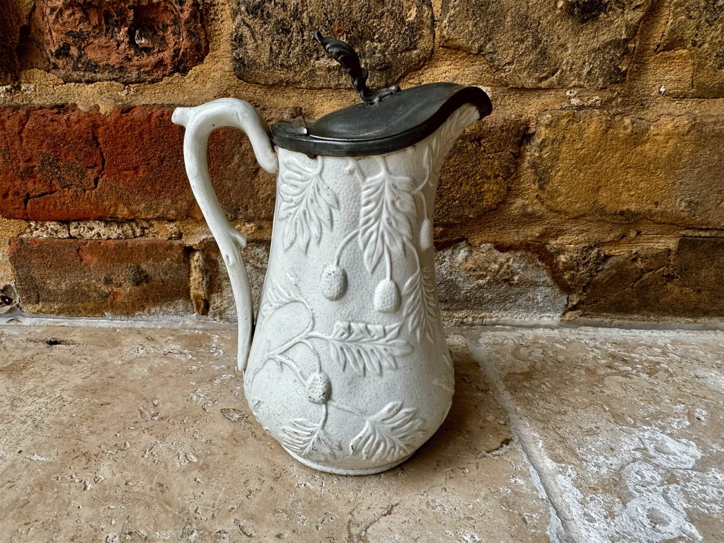 antique victorian english parian ware small pitcher jug pewter lid