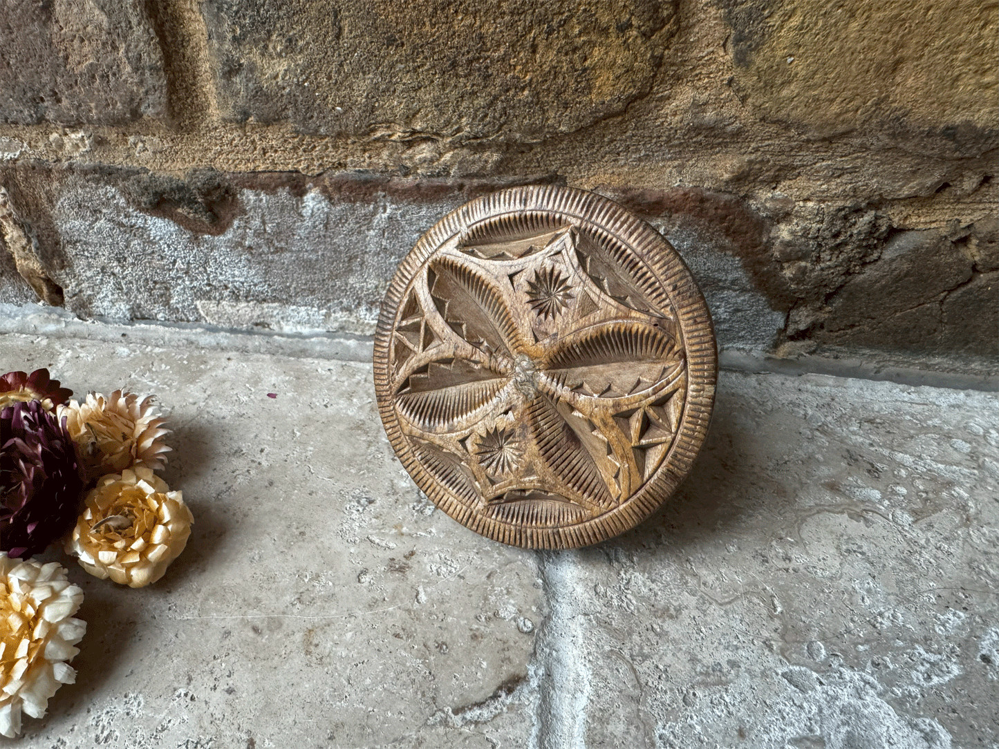 Rare Antique Victorian Carved Butter Stamp with Geometric Pattern