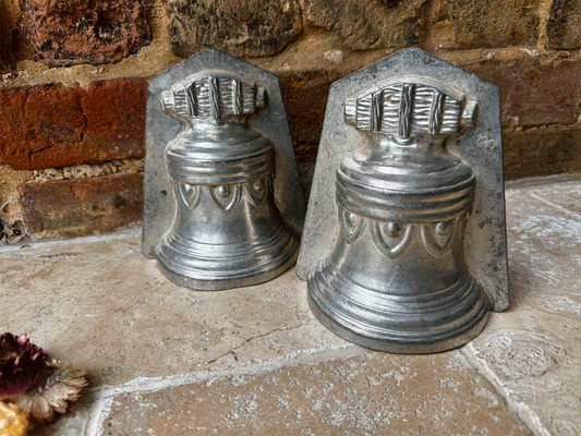 large vintage french decorative two piece bell shaped tin chocolate mould 