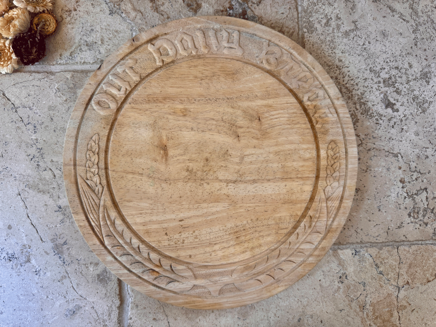 vintage english carved wooden treen breadboard motto our daily bread wheat ears
