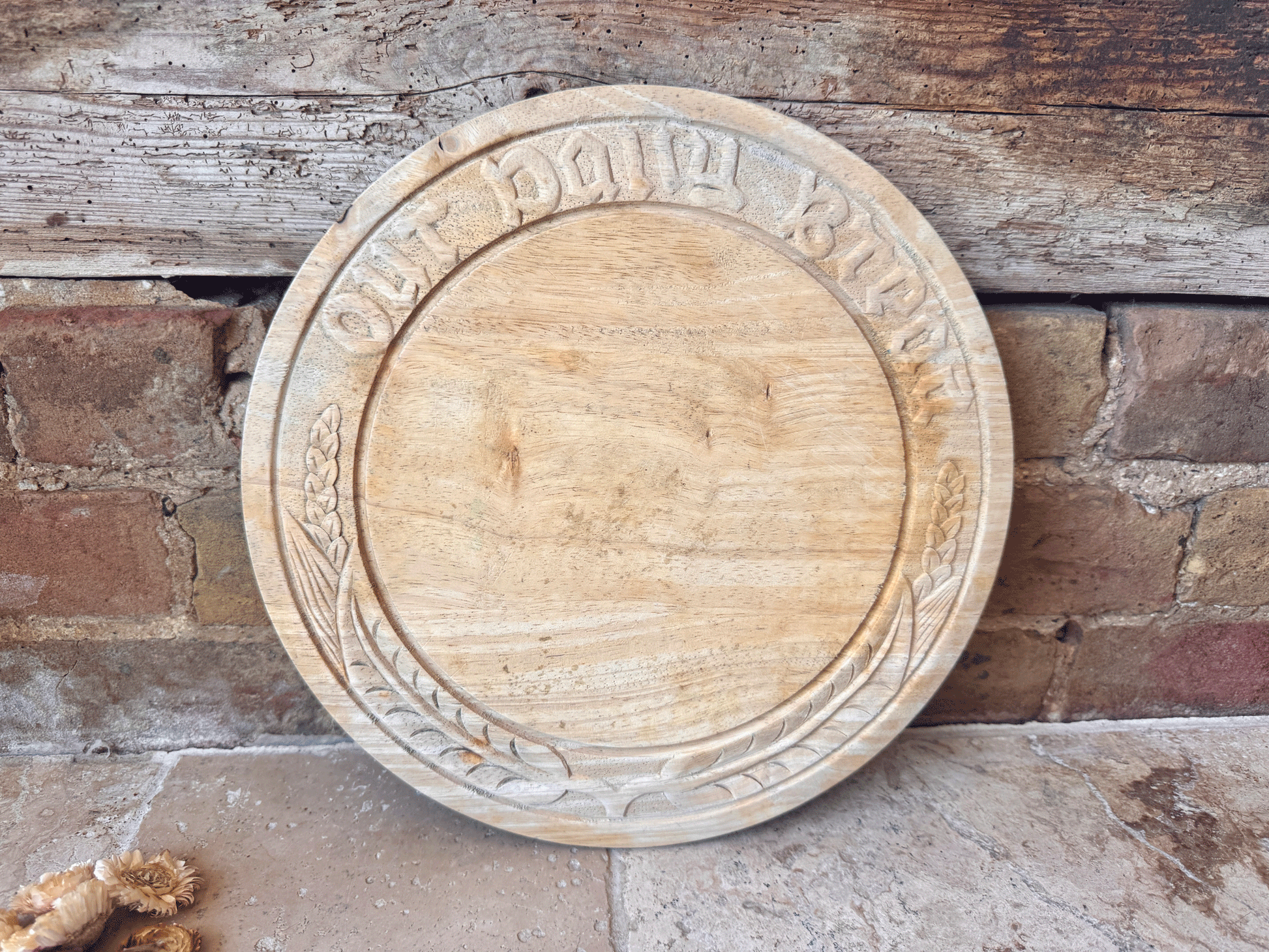 vintage english carved wooden treen breadboard motto our daily bread wheat ears